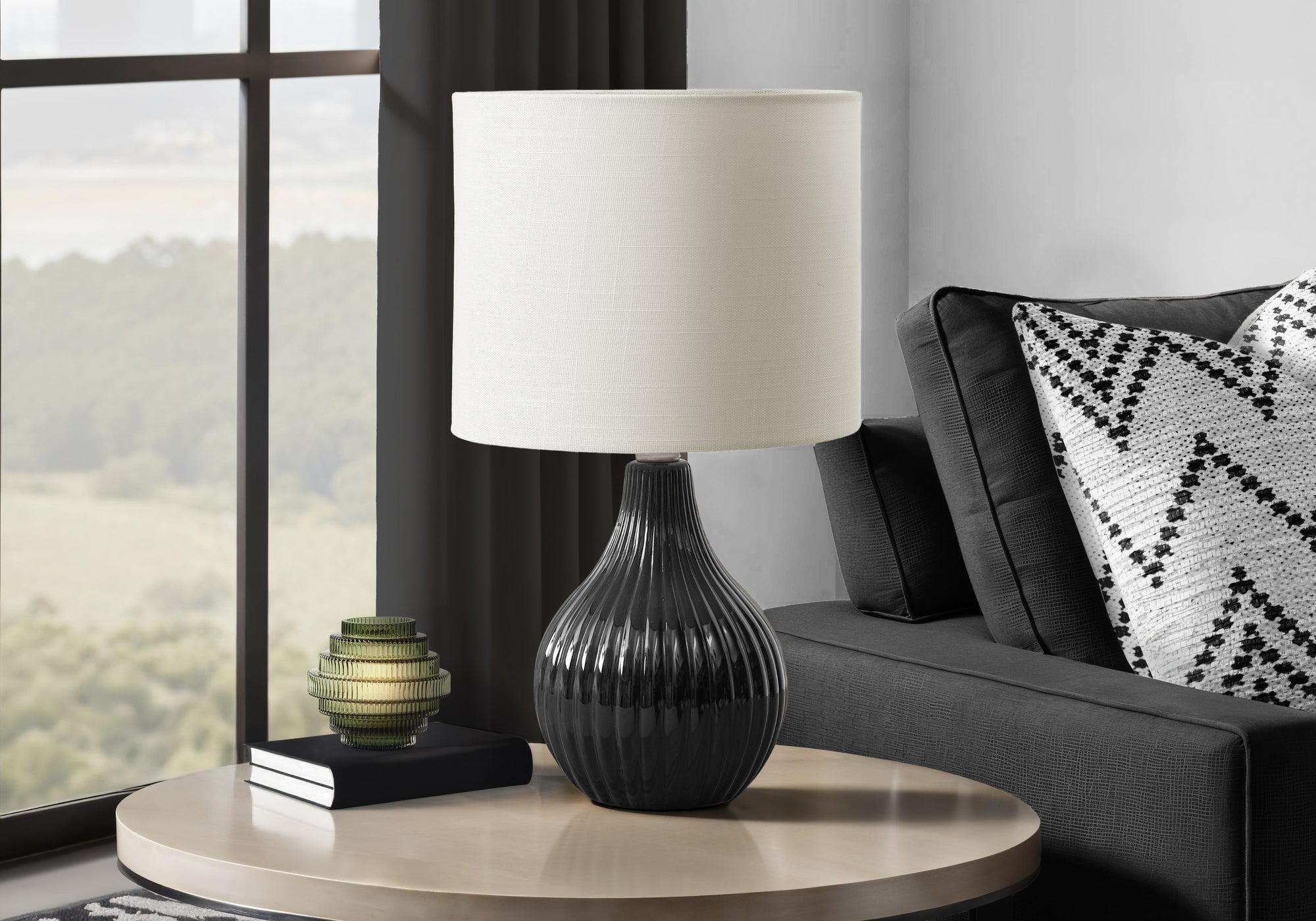 MN-D019775    Lighting, 17"H, Table Lamp, Black Ceramic, Ivory / Cream Shade, Contemporary, Modern