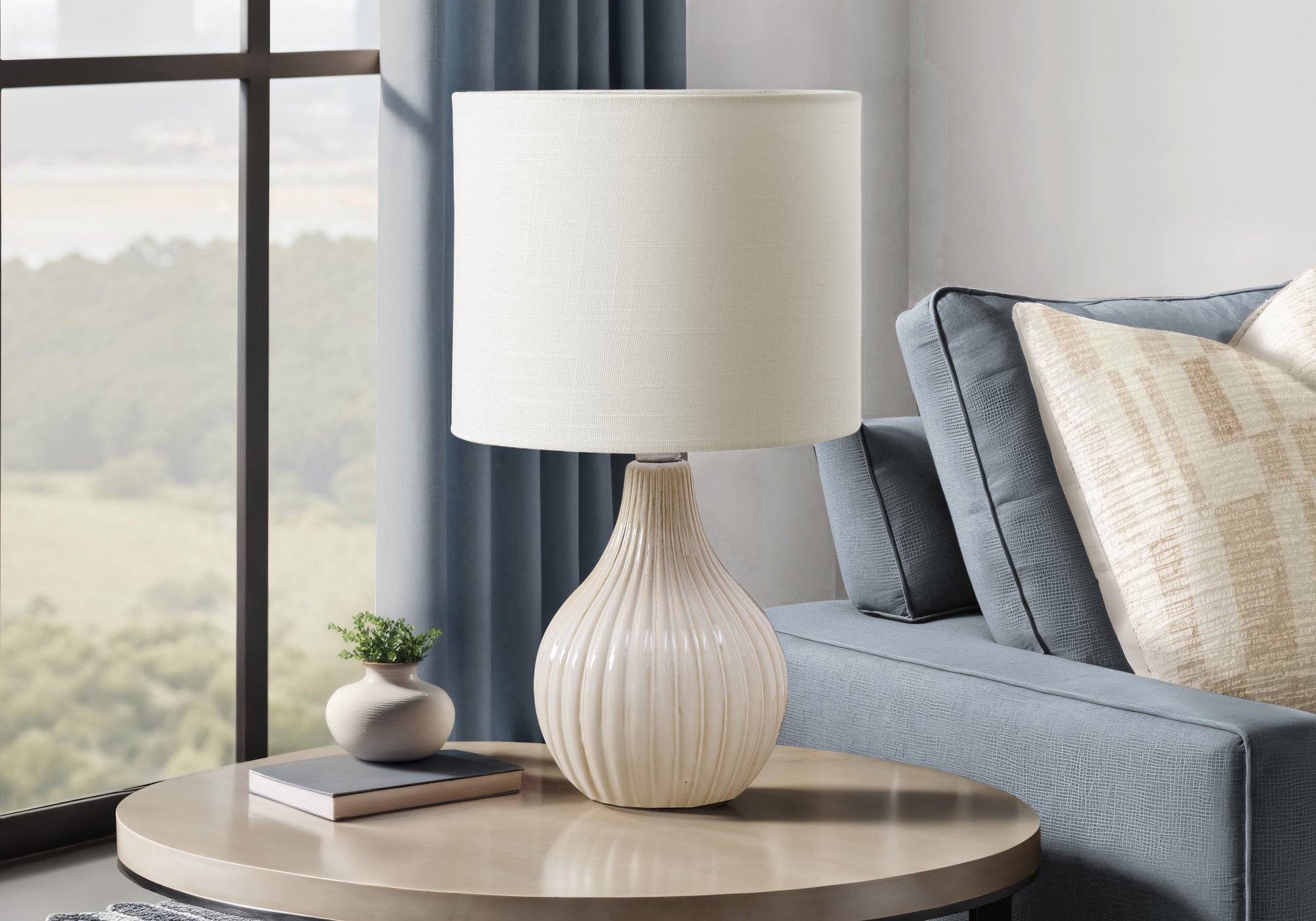 MN-619776    Lighting, 17"H, Table Lamp, Beige Ceramic, Ivory / Cream Shade, Contemporary, Modern