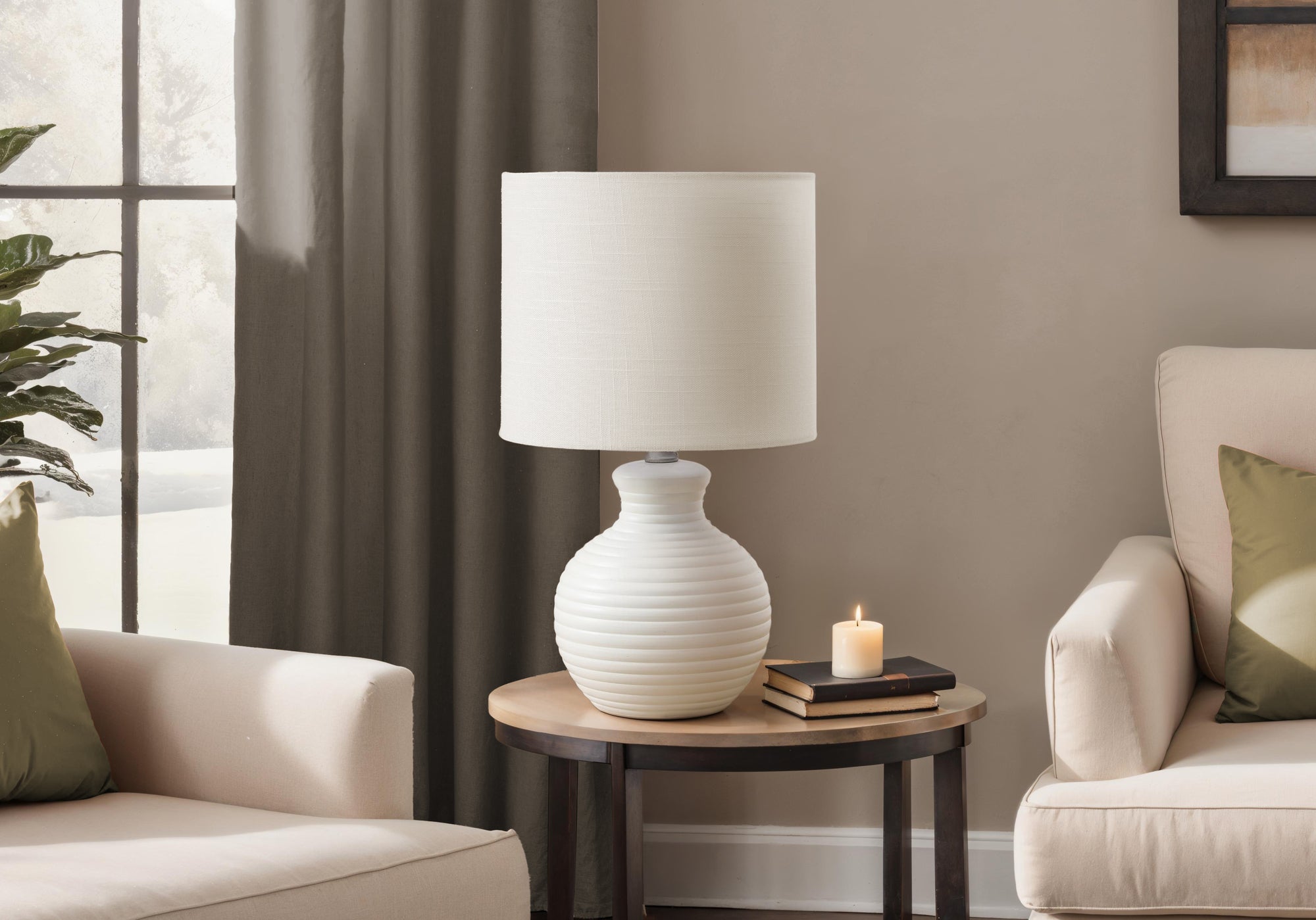 MN-D029777    Lighting, 16"H, Table Lamp, White Resin, Ivory / Cream Shade, Contemporary