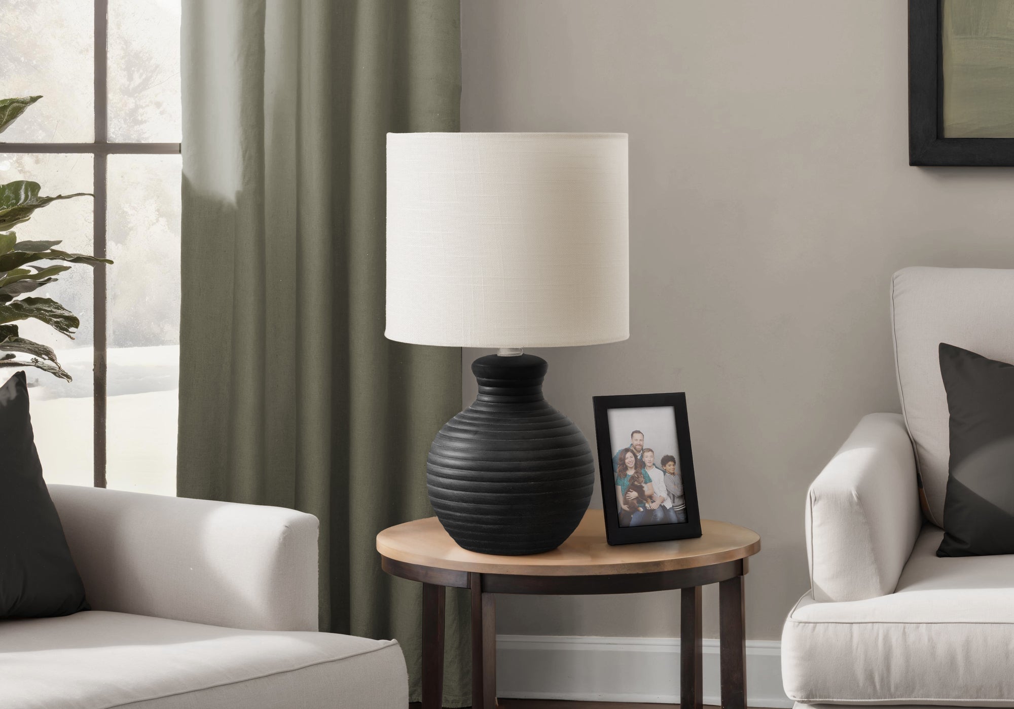MN-D029778    Lighting, 16"H, Table Lamp, Black Resin, Ivory / Cream Shade, Contemporary