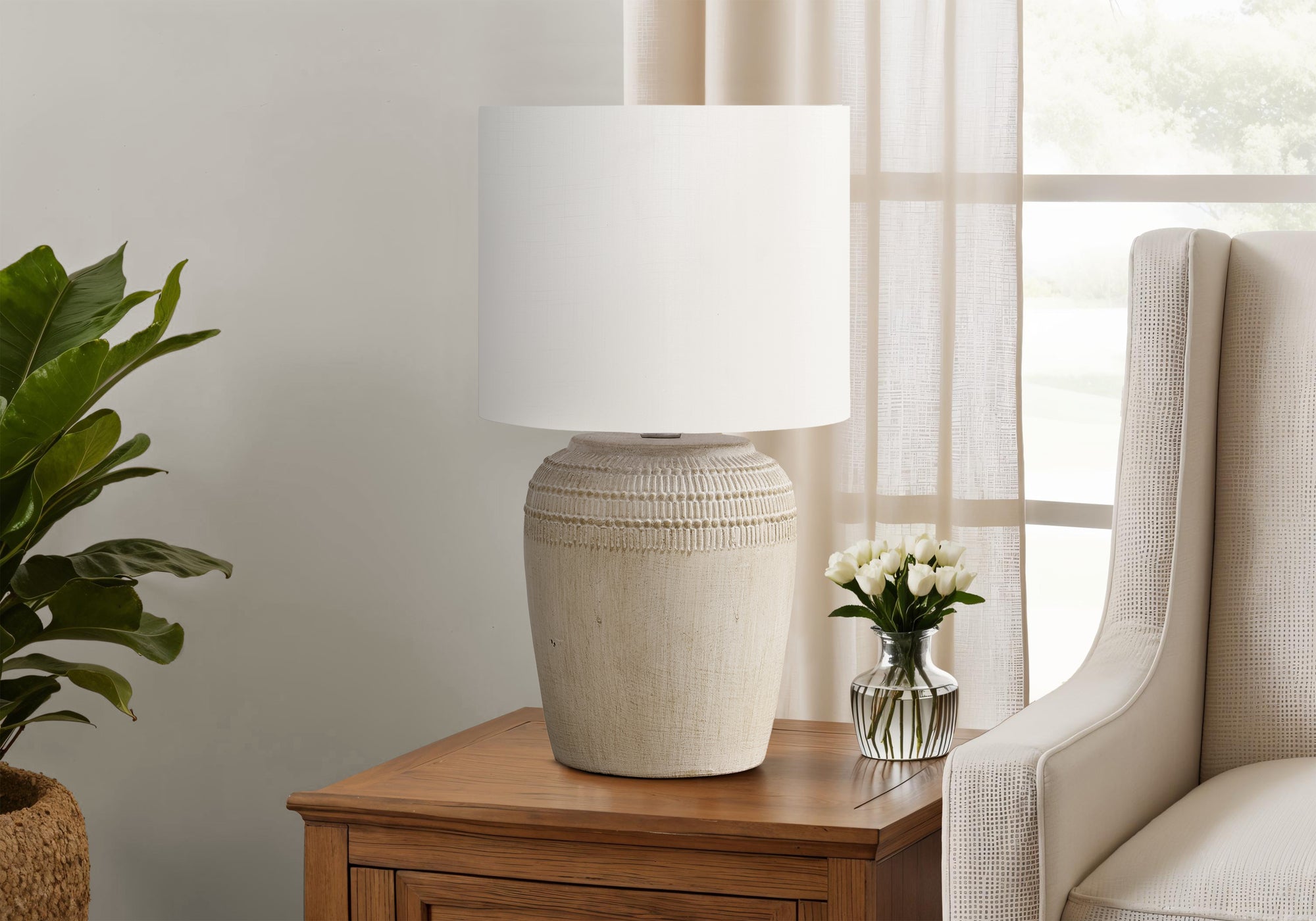 MN-649779    Lighting, 17"H, Table Lamp, Beige Ceramic, Ivory / Cream Shade, Contemporary