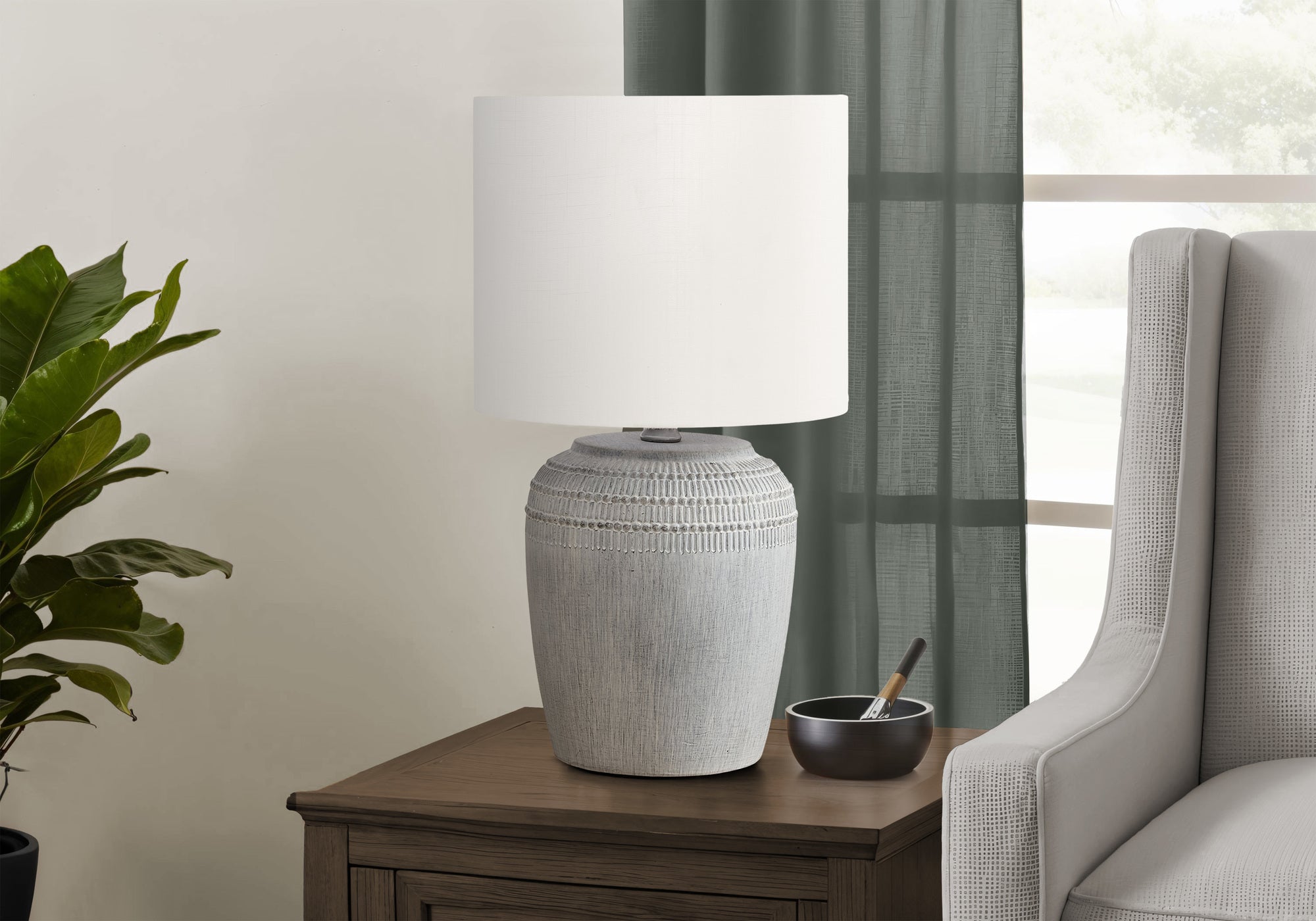 MN-D039780    Lighting, 17"H, Table Lamp, Grey Ceramic, Ivory / Cream Shade, Contemporary