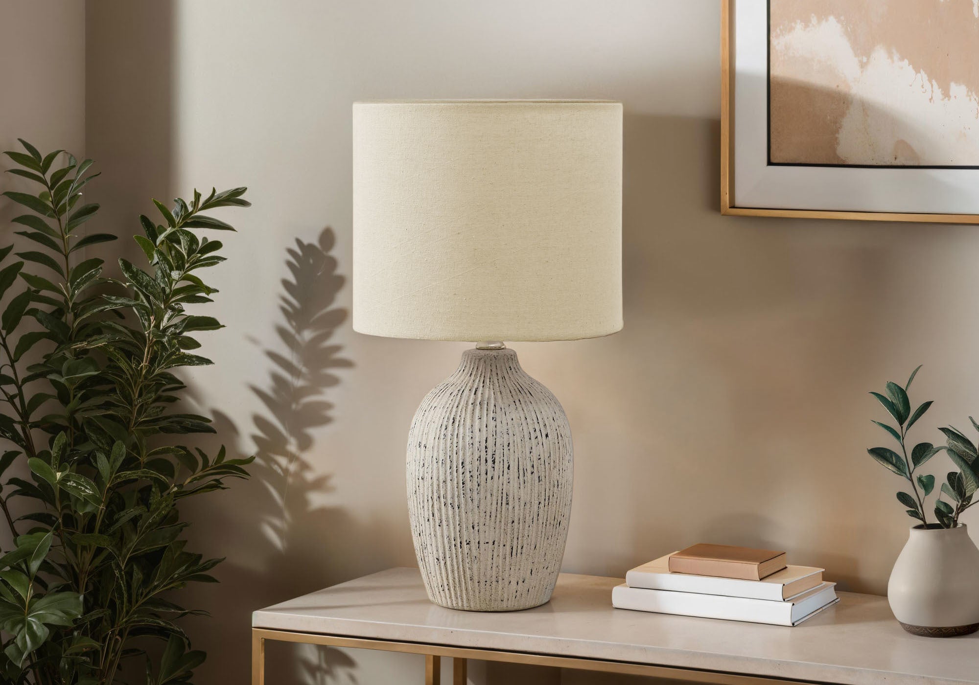 MN-D049783    Lighting, Table Lamp, 18"H, Beige Ceramic, Beige Shade, Contemporary