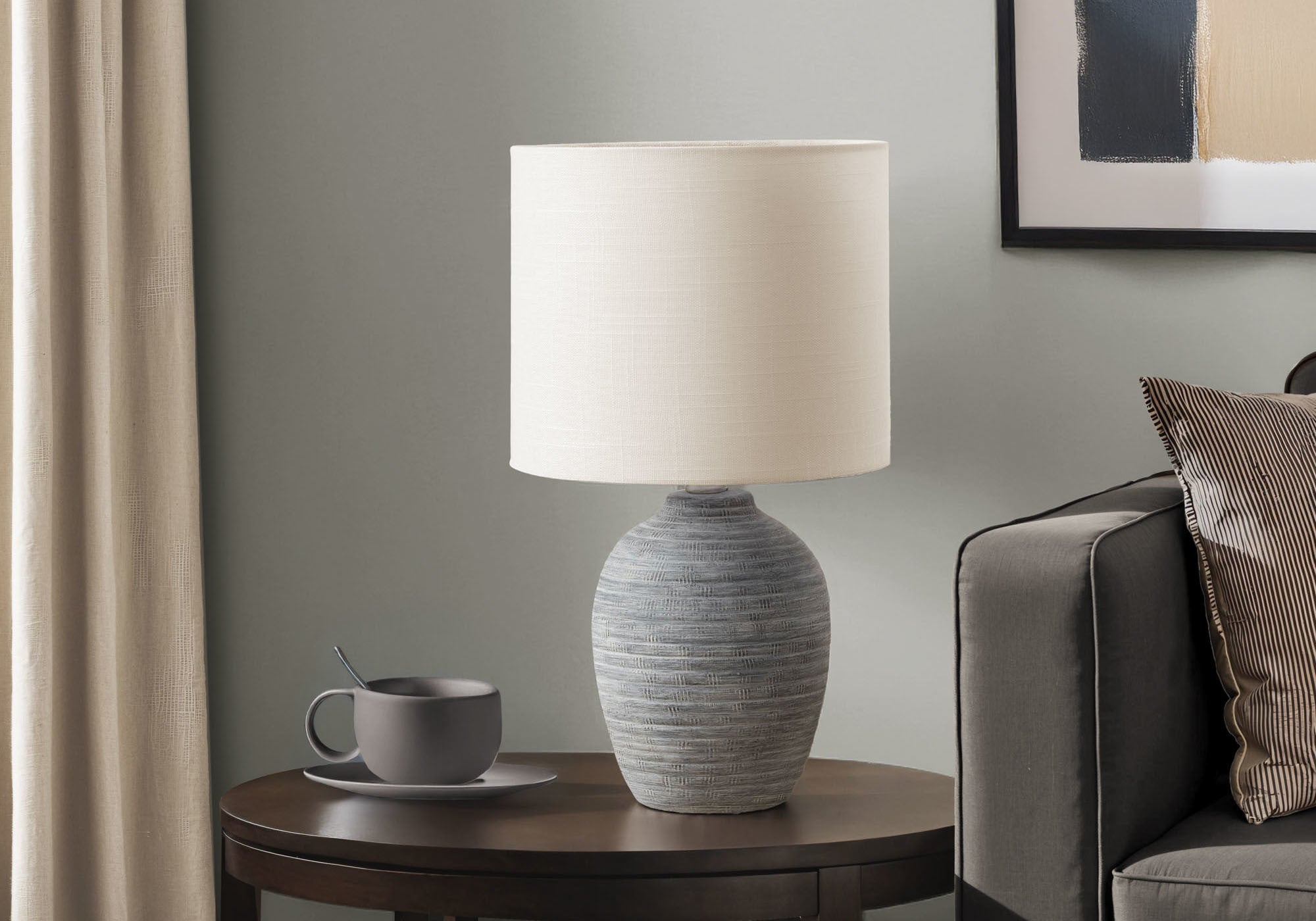 MN-D059788    Lighting, 17"H, Table Lamp, Grey Ceramic, Ivory / Cream Shade, Contemporary, Modern