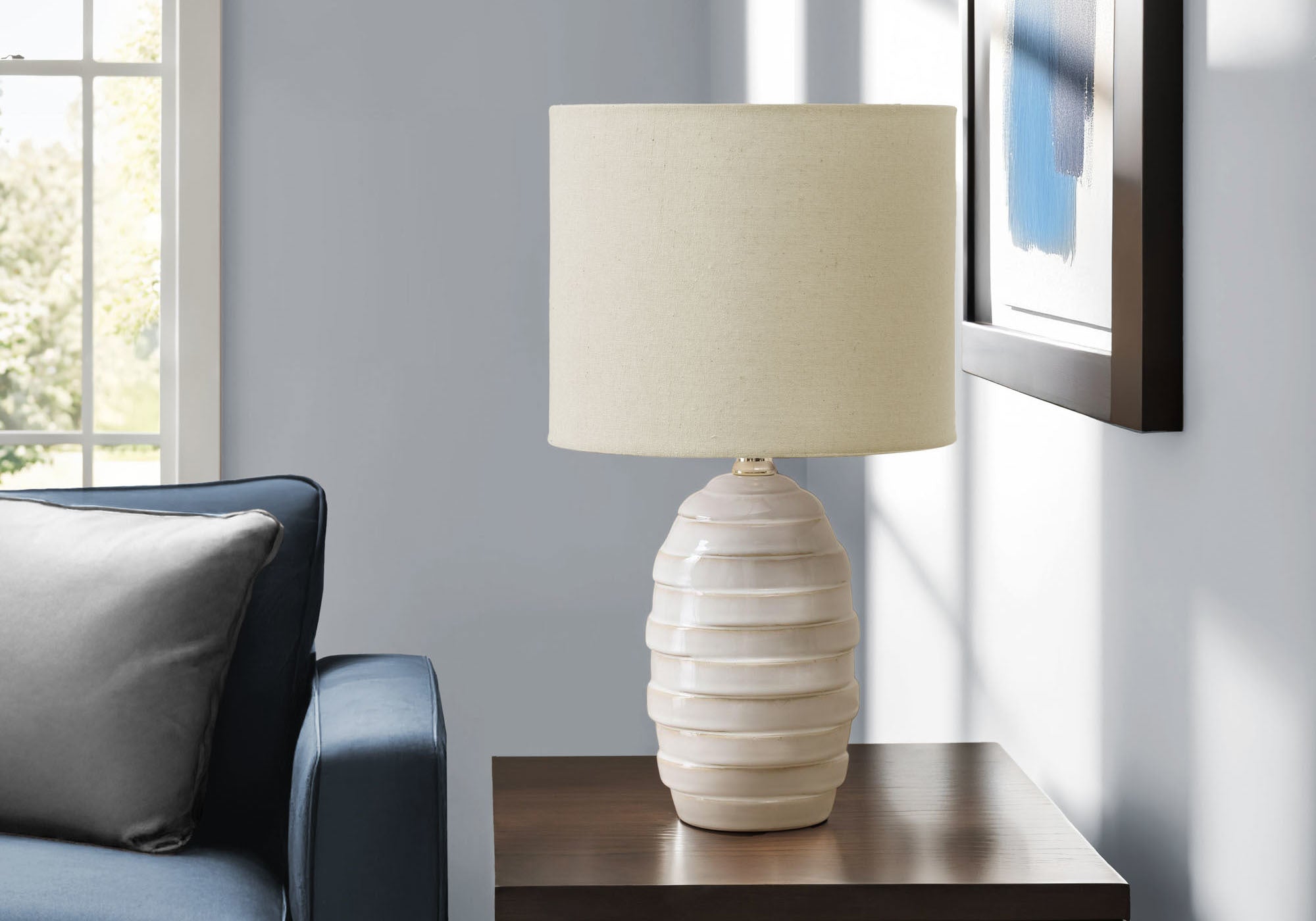 MN-729789    Lighting, 17"H, Table Lamp, Ivory Ceramic, Beige Shade, Contemporary, Modern