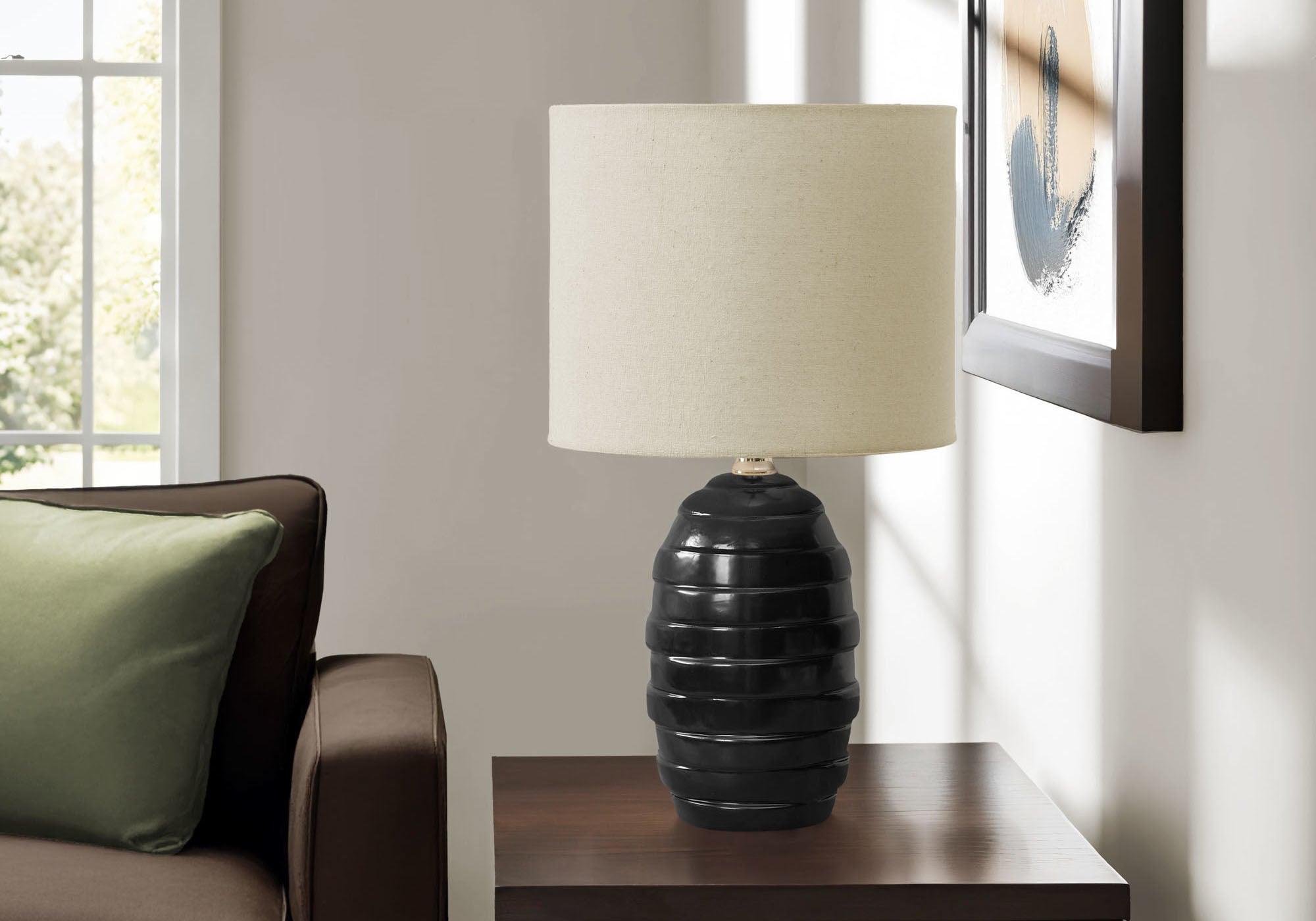 MN-D069790    Lighting, 17"H, Table Lamp, Black Ceramic, Beige Shade, Contemporary, Modern