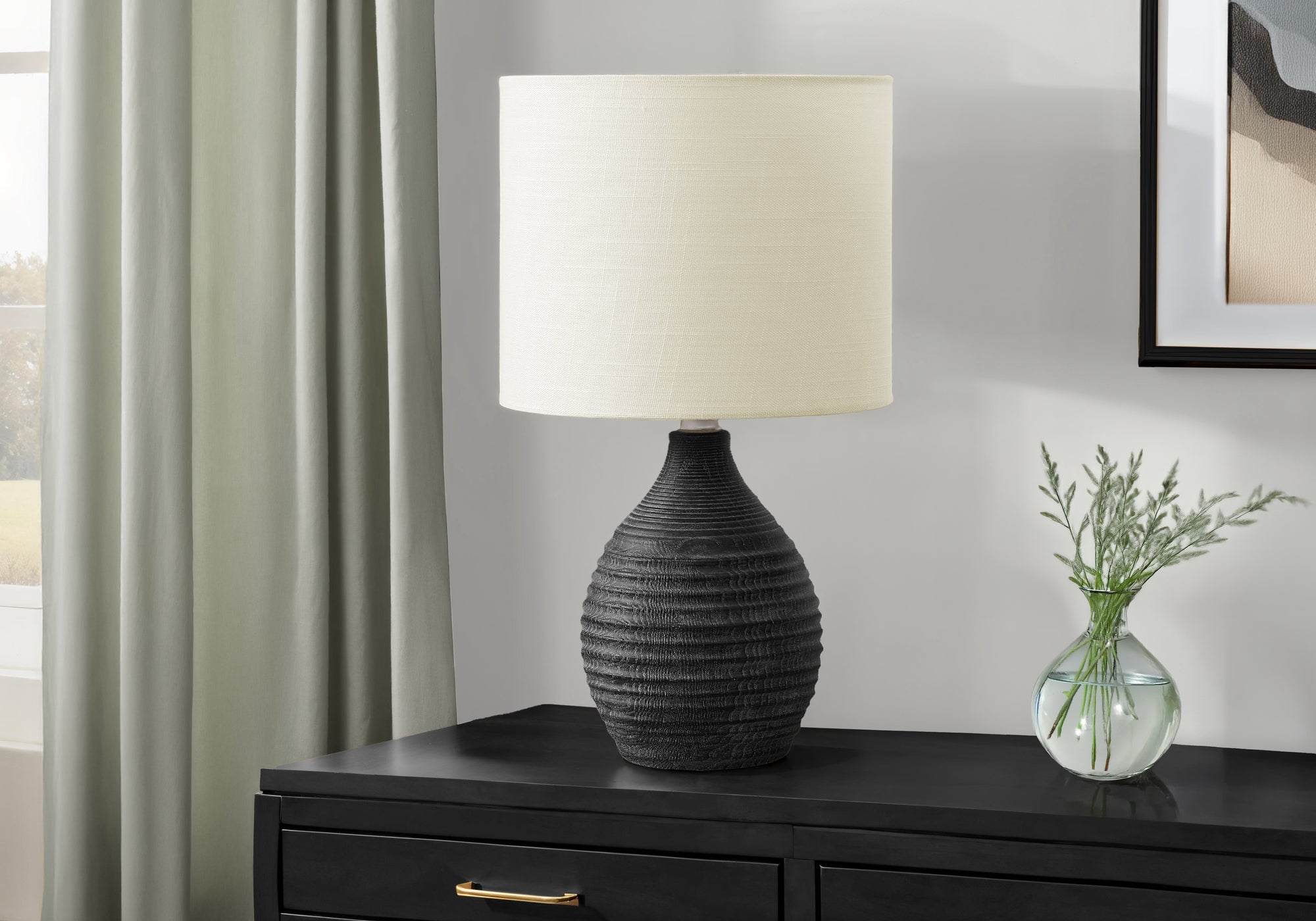 MN-109847    Lighting, 17"H, Table Lamp, Grey Resin, Ivory / Cream Shade, Contemporary, Modern