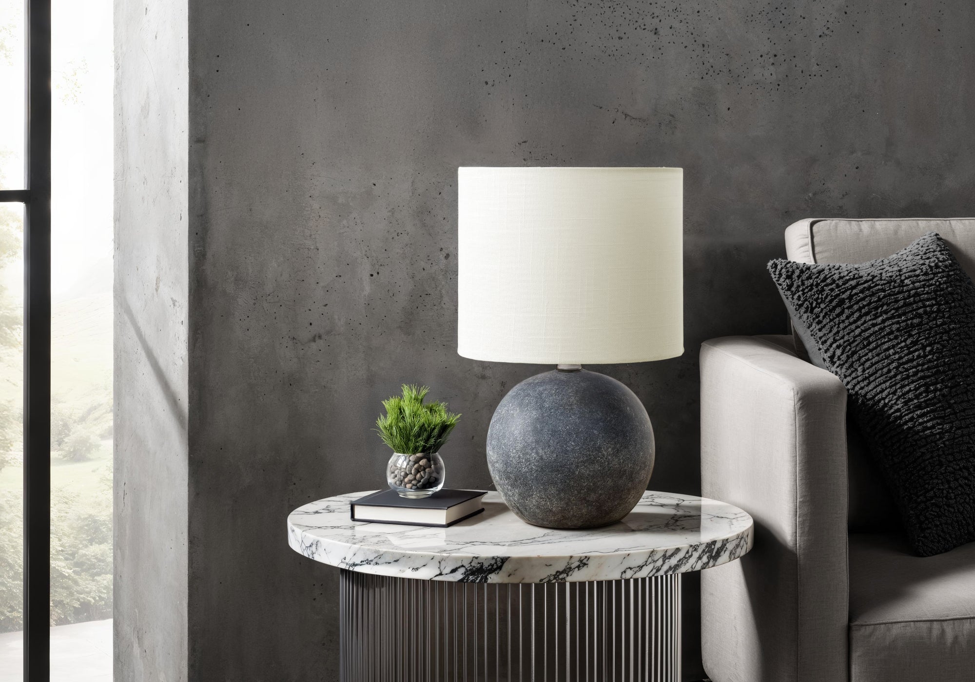 MN-129850    Lighting, Table Lamp, 16"H, Grey Concrete, Ivory / Cream Shade