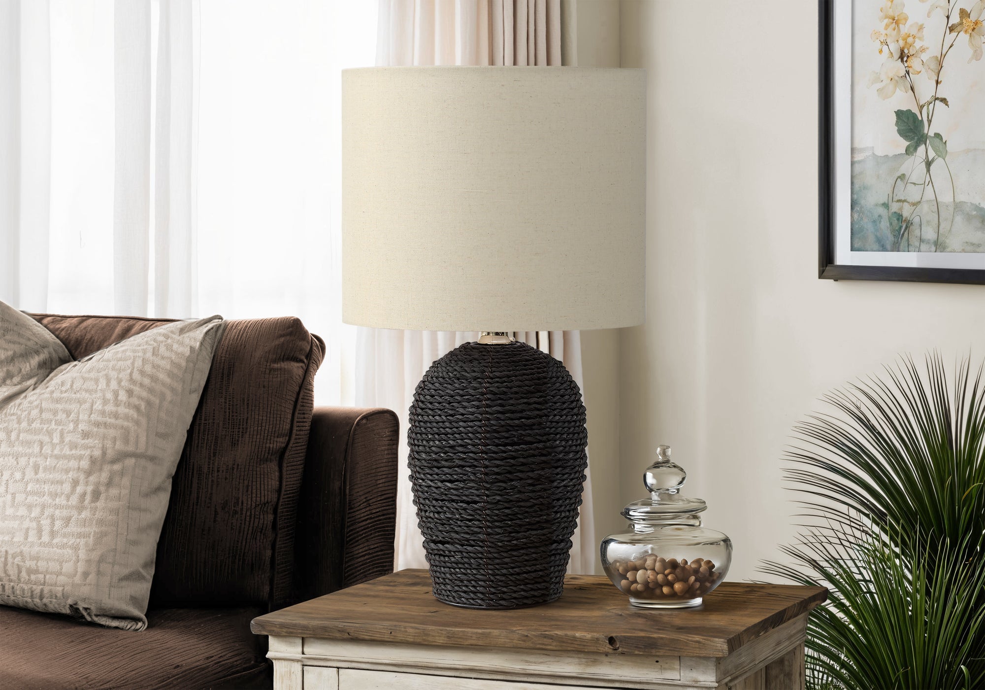 MN-149853    Lighting, 17"H, Table Lamp, Black Rattan, Beige Shade, Transitional