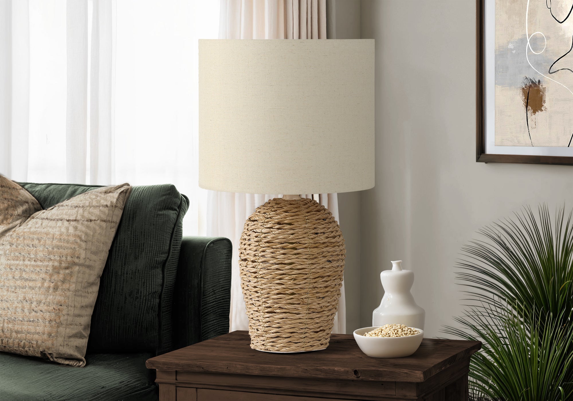 MN-159854    Lighting, 17"H, Table Lamp, Natural Rattan, Beige Shade, Transitional