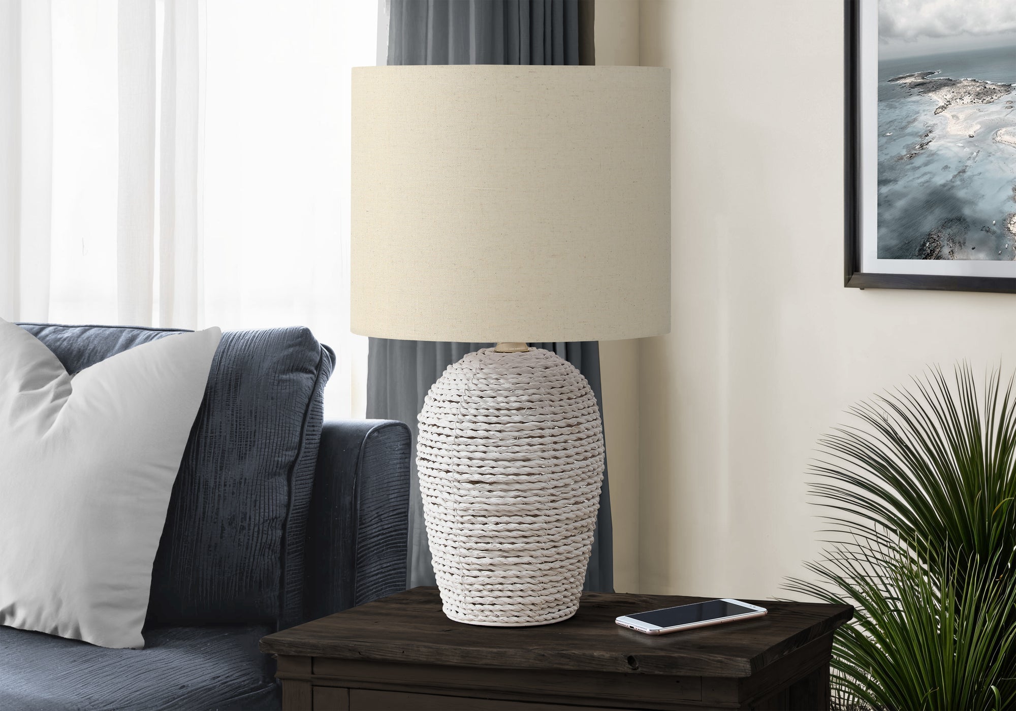 MN-169855    Lighting, 17"H, Table Lamp, White Rattan, Beige Shade, Transitional