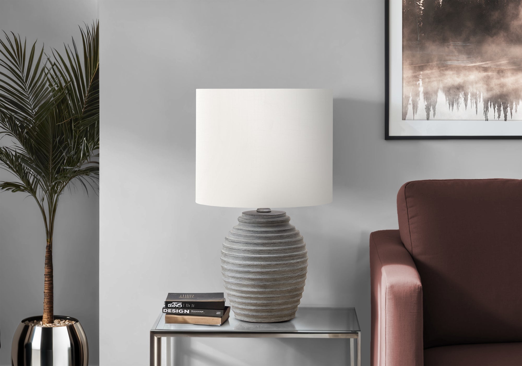 MN-199864    Lighting, 17"H, Table Lamp, Grey Resin, Ivory / Cream Shade, Contemporary