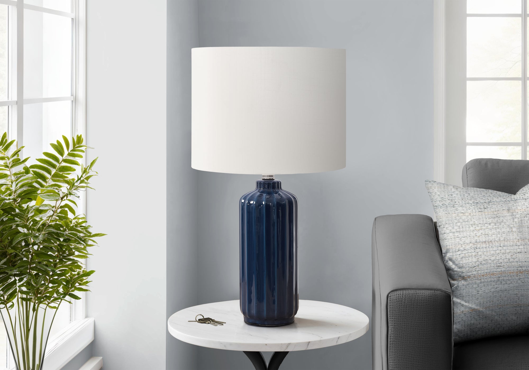 MN-249870    Lighting, 23"H, Table Lamp, Blue Ceramic, Ivory / Cream Shade, Contemporary, Modern