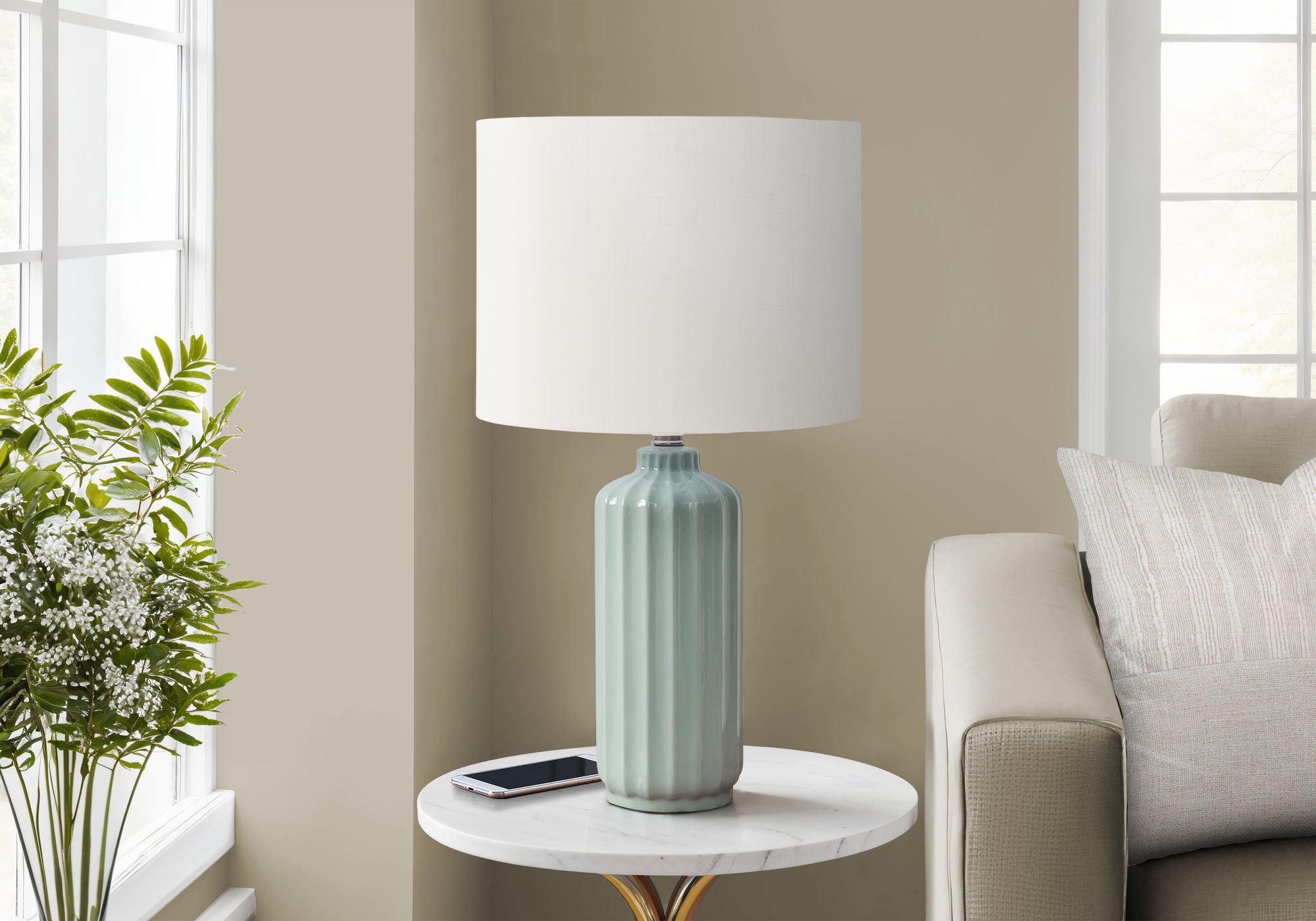 MN-269872    Lighting, 23"H, Table Lamp, Ivory / Cream Shade, Green Ceramic, Contemporary, Modern