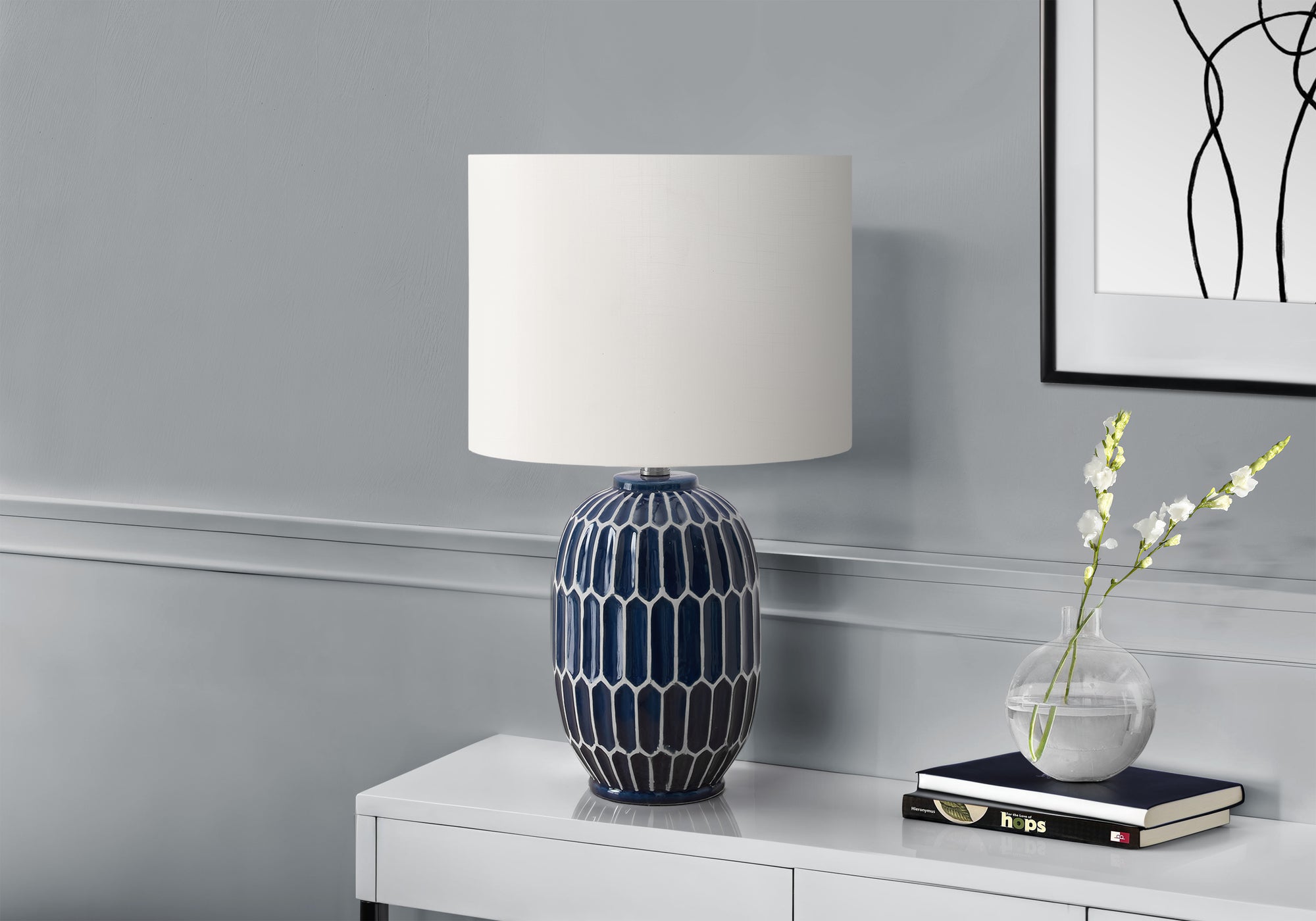 MN-289876    Lighting, 22"H, Table Lamp, Blue Ceramic, Ivory / Cream Shade, Contemporary, Modern