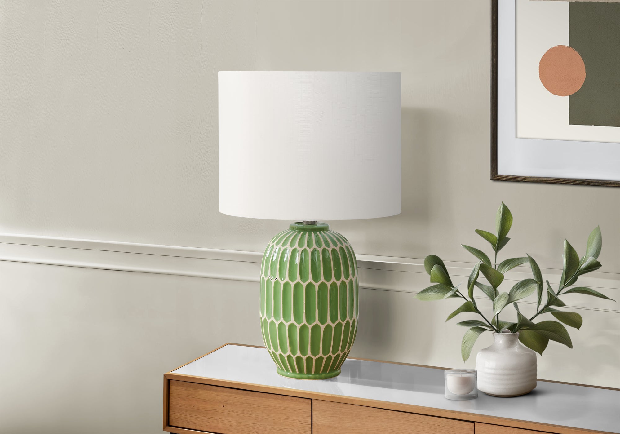 MN-299877    Lighting, 22"H, Table Lamp, Green Ceramic, Ivory / Cream Shade, Contemporary, Modern