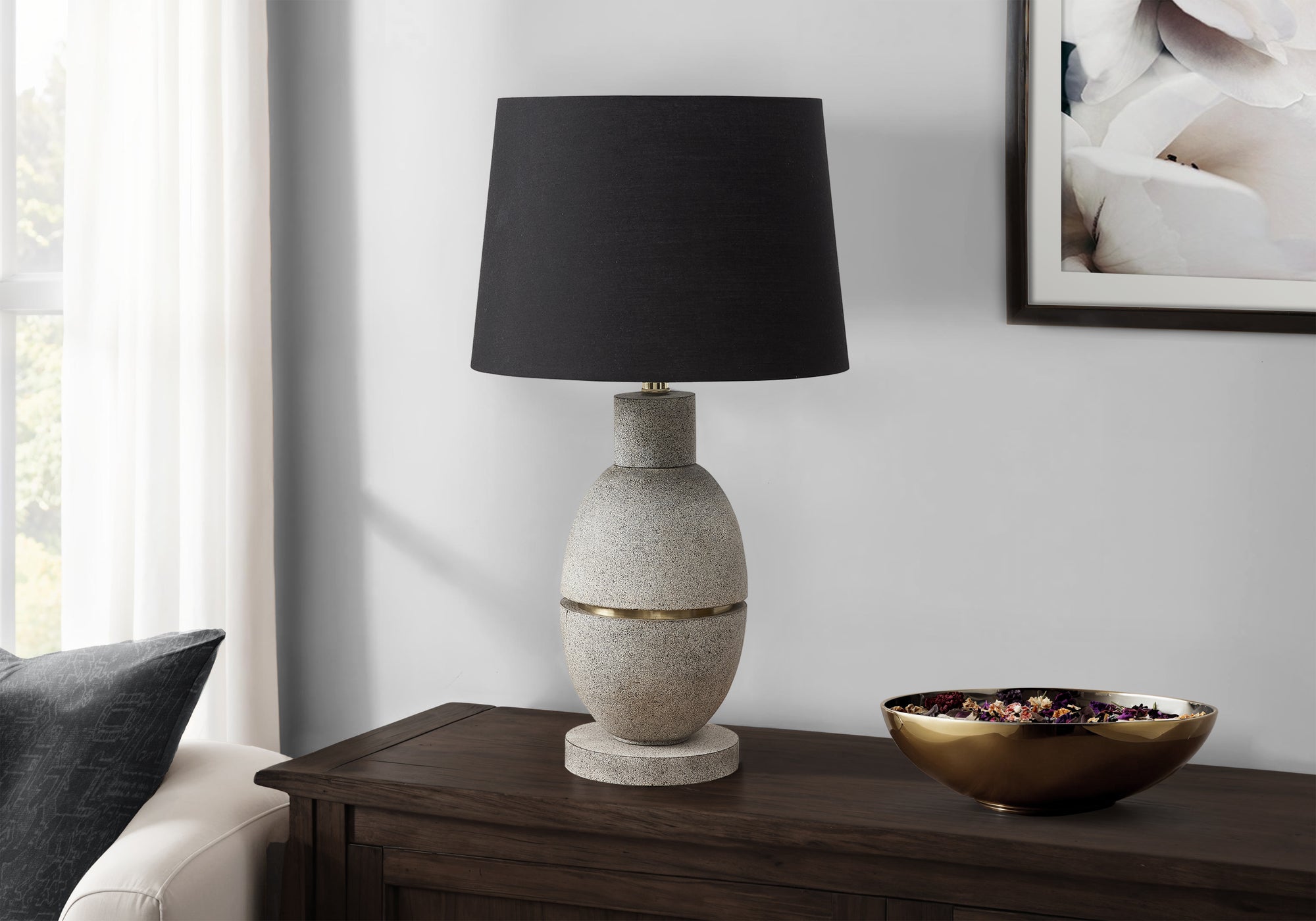 MN-369887    Lighting, 25"H, Table Lamp, Grey Resin, Black Shade, Contemporary, Modern