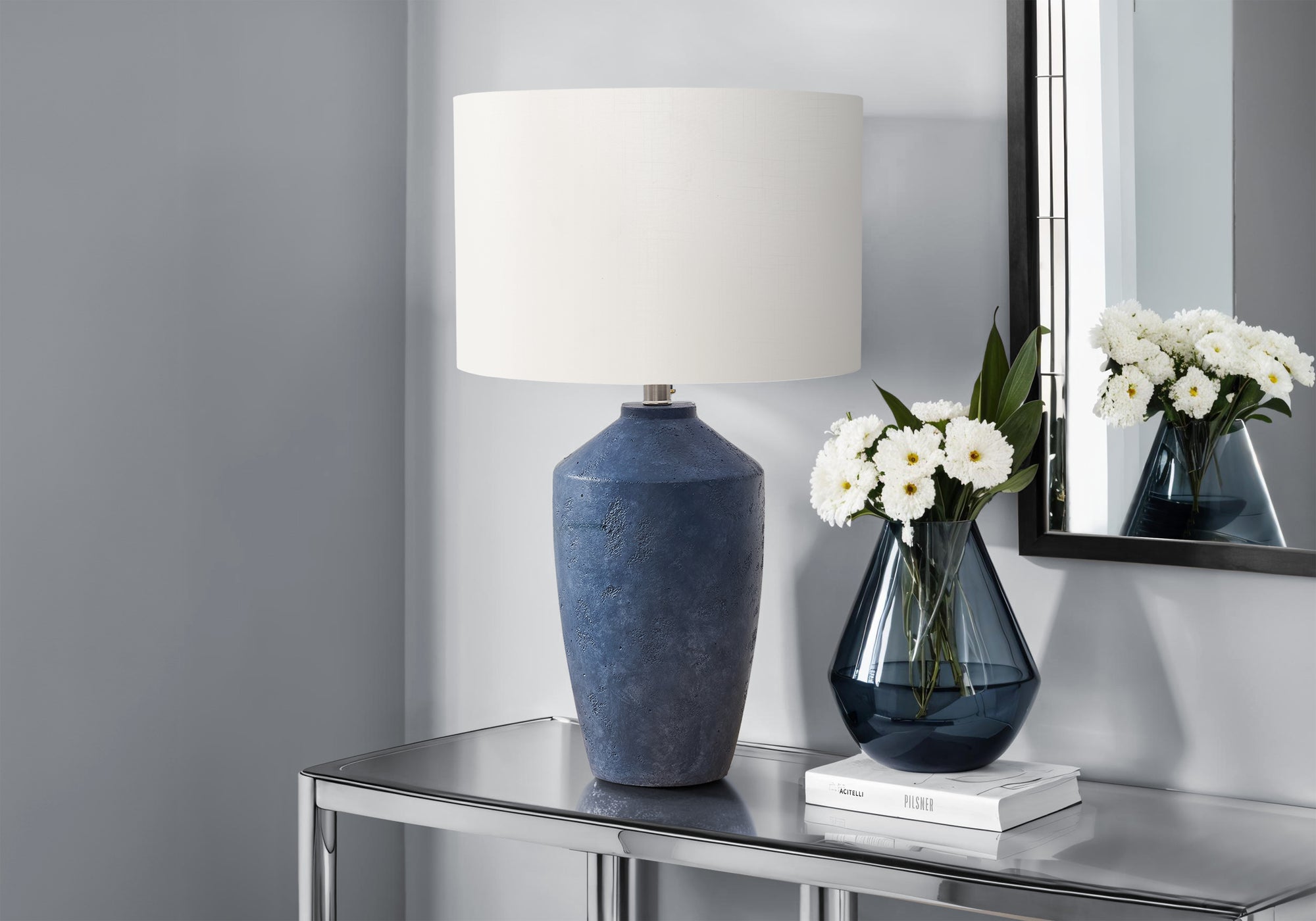 MN-379889    Lighting, 25"H, Table Lamp, Blue Concrete, Ivory / Cream Shade, Contemporary, Modern