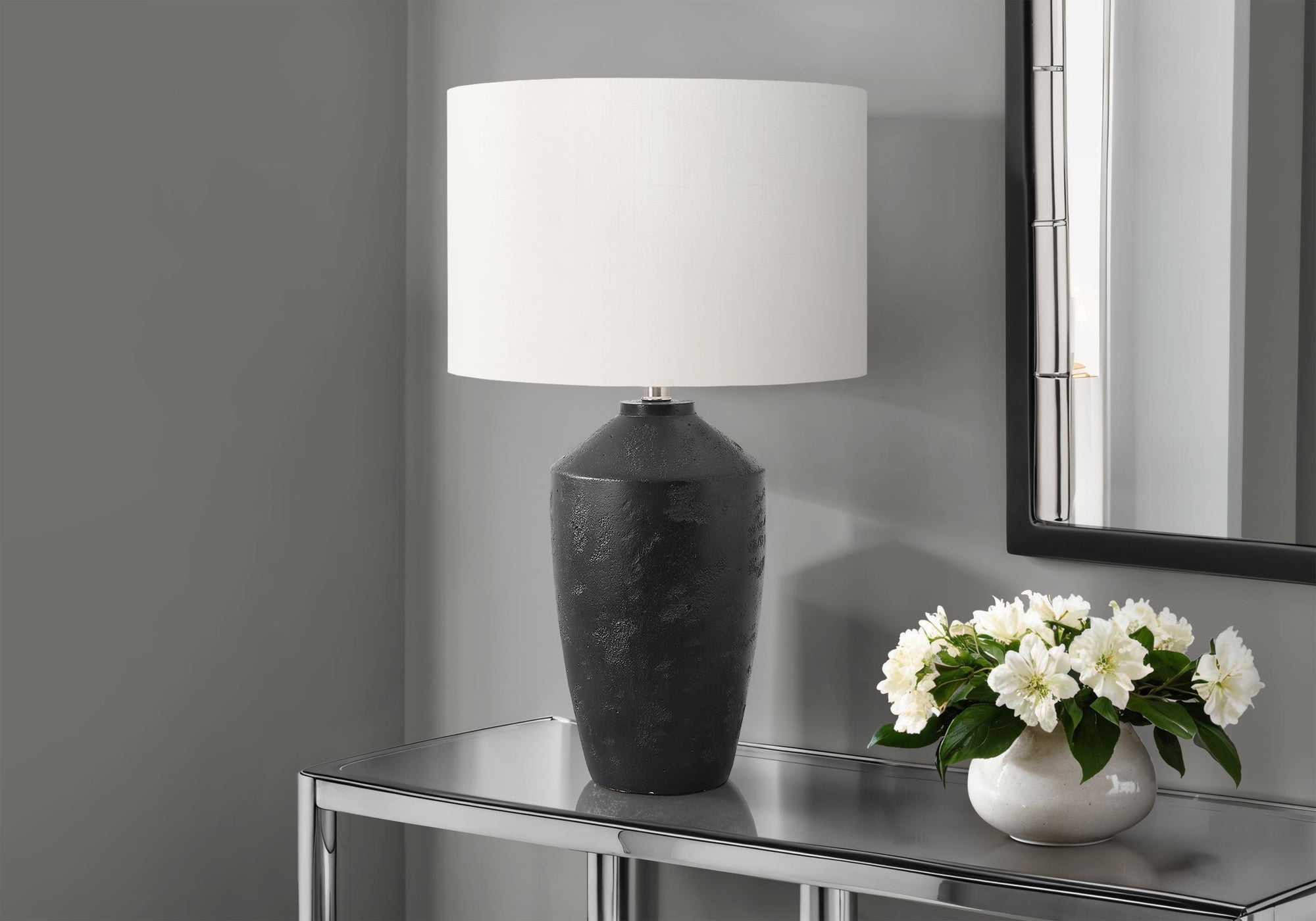 MN-419893    Lighting, 25"H, Table Lamp, Black Concrete, Ivory / Cream Shade, Contemporary, Modern