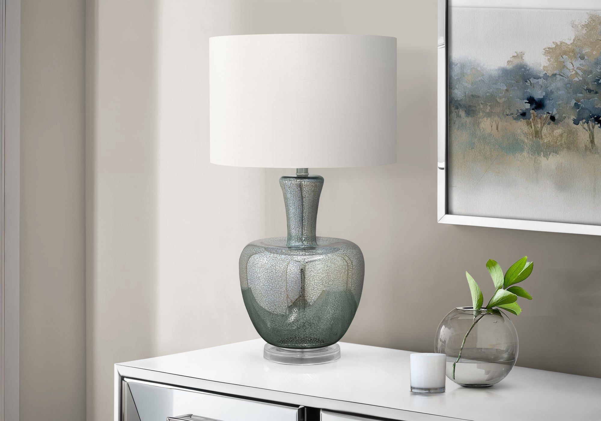 MN-439898    Lighting, 26"H, Table Lamp, Sea Green Glass, Ivory / Cream Shade, Contemporary, Modern