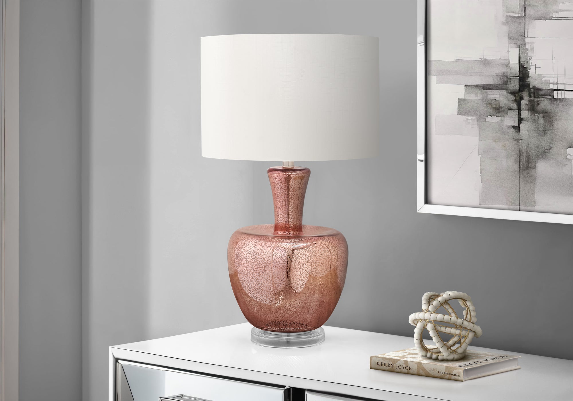 MN-449899    Lighting, 26"H, Table Lamp, Dusty Rose Glass, Ivory / Cream Shade, Contemporary, Modern