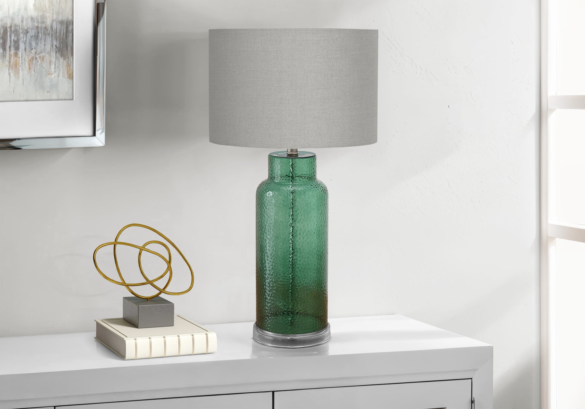 MN-G479908    Lighting, 28"H, Table Lamp, Green Glass, Grey Shade, Contemporary, Modern