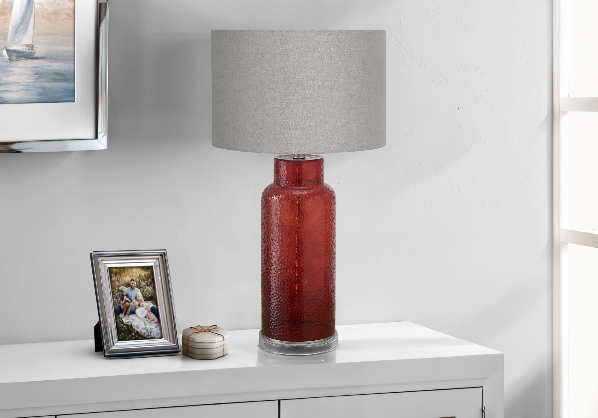 MN-G479909    Lighting, 28"H, Table Lamp, Red Glass, Grey Shade, Contemporary, Modern