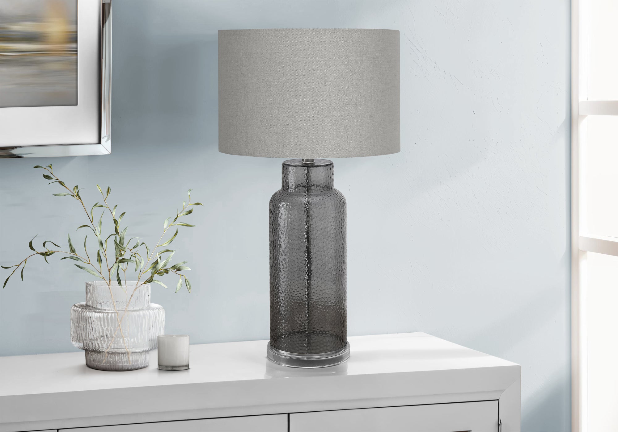 MN-G479910    Lighting, 28"H, Table Lamp, Grey Glass, Grey Shade, Contemporary, Modern