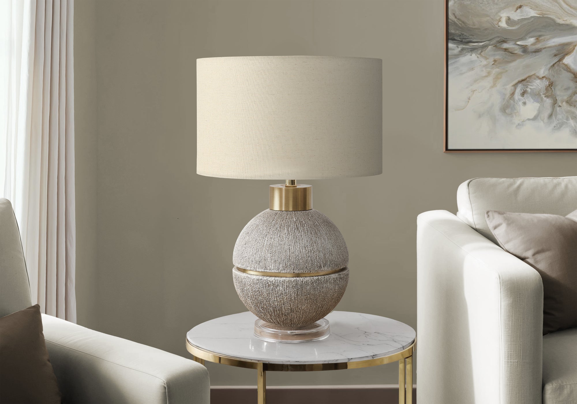 MN-L579925    Lighting, 26"H, Table Lamp, Brown / Gold Resin, Beige Shade, Contemporary, Modern