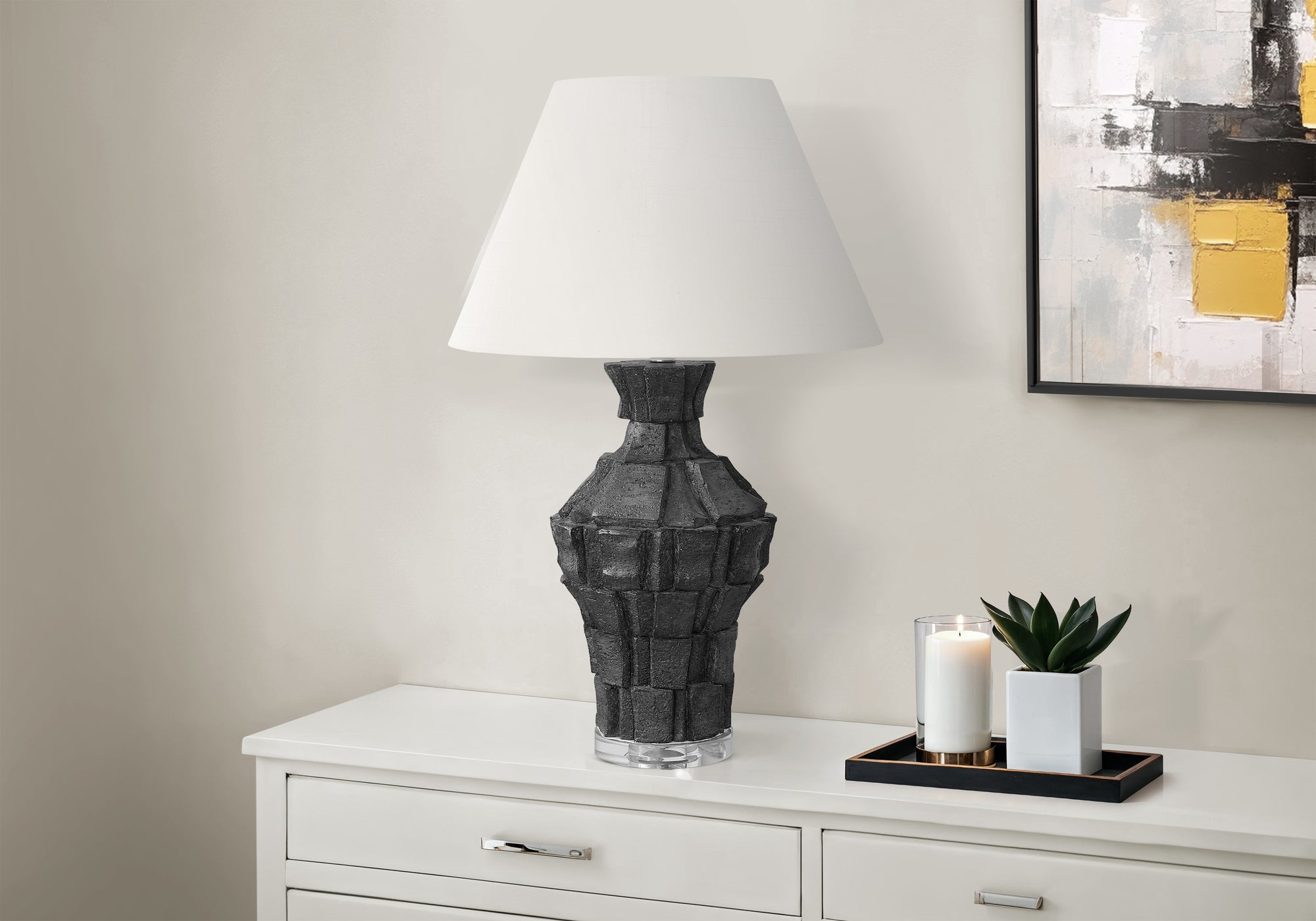 MN-T629935    Lighting, 28"H, Table Lamp, Black Resin, Ivory / Cream Shade, Contemporary, Modern