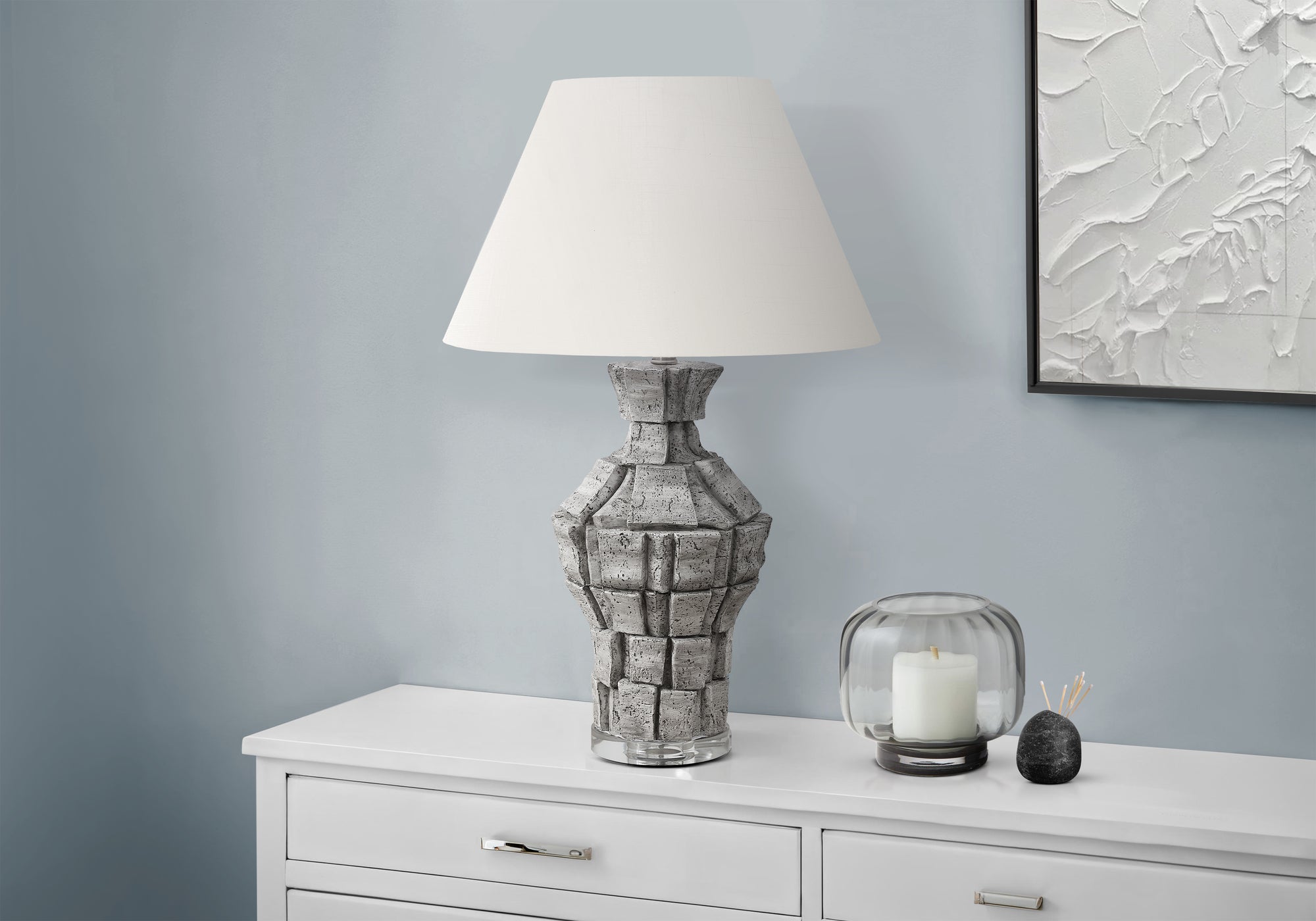 MN-T629936    Lighting, 28"H, Table Lamp, Grey Resin, Ivory / Cream Shade, Contemporary, Modern