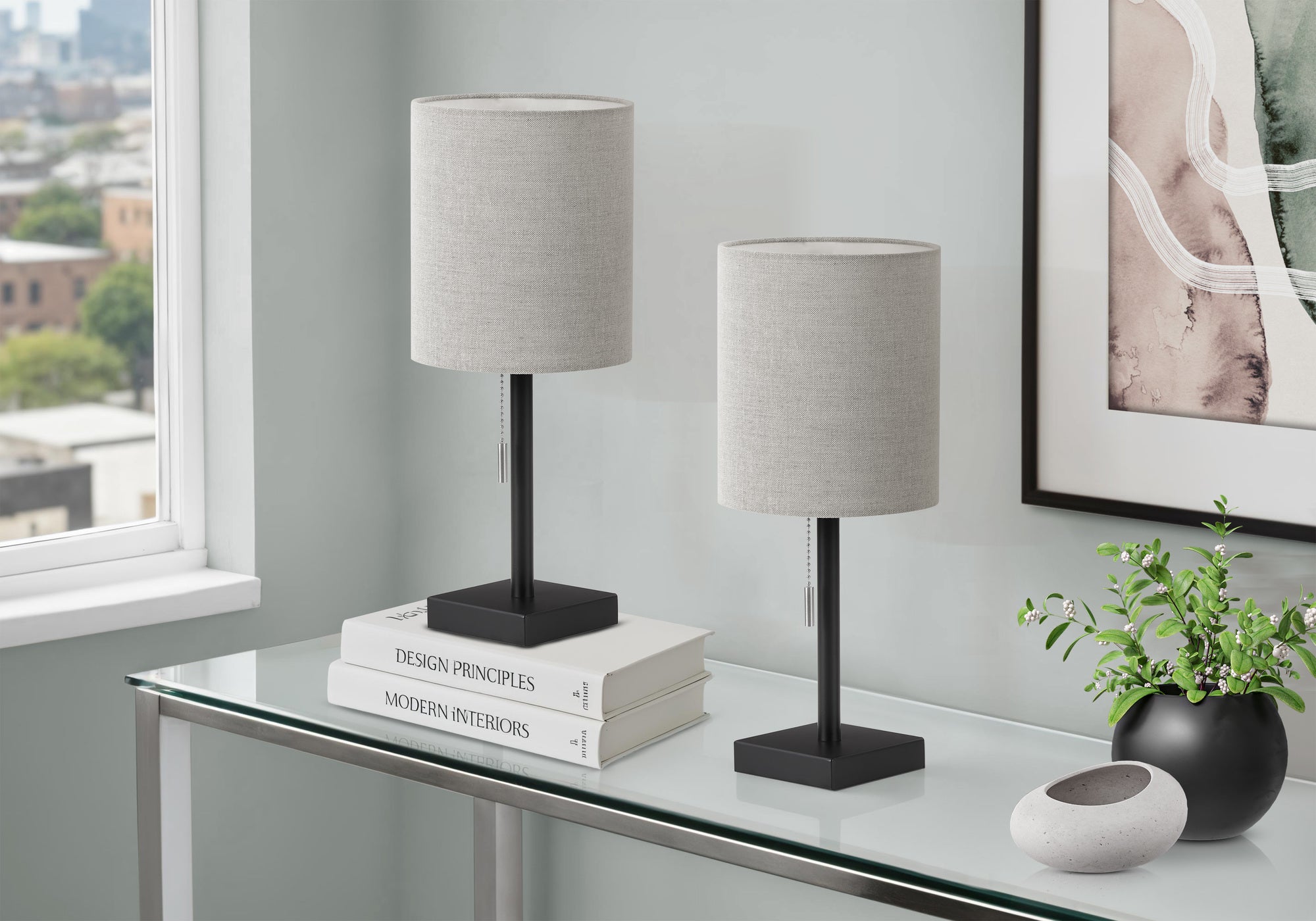 MN-S279960    Lighting, Set Of 2, 17"h, Table Lamp, Usb Port Included, Black Metal, Grey Shade, Contemporary