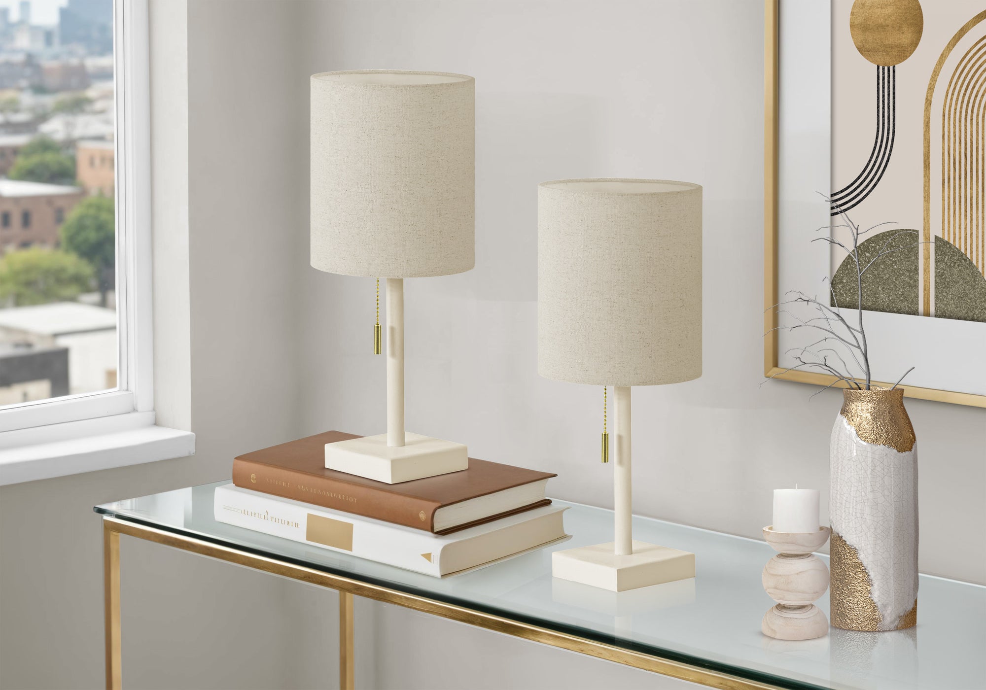 MN-S279961    Lighting, Set Of 2, 17"h, Table Lamp, Usb Port Included, Cream Metal, Beige Shade, Contemporary