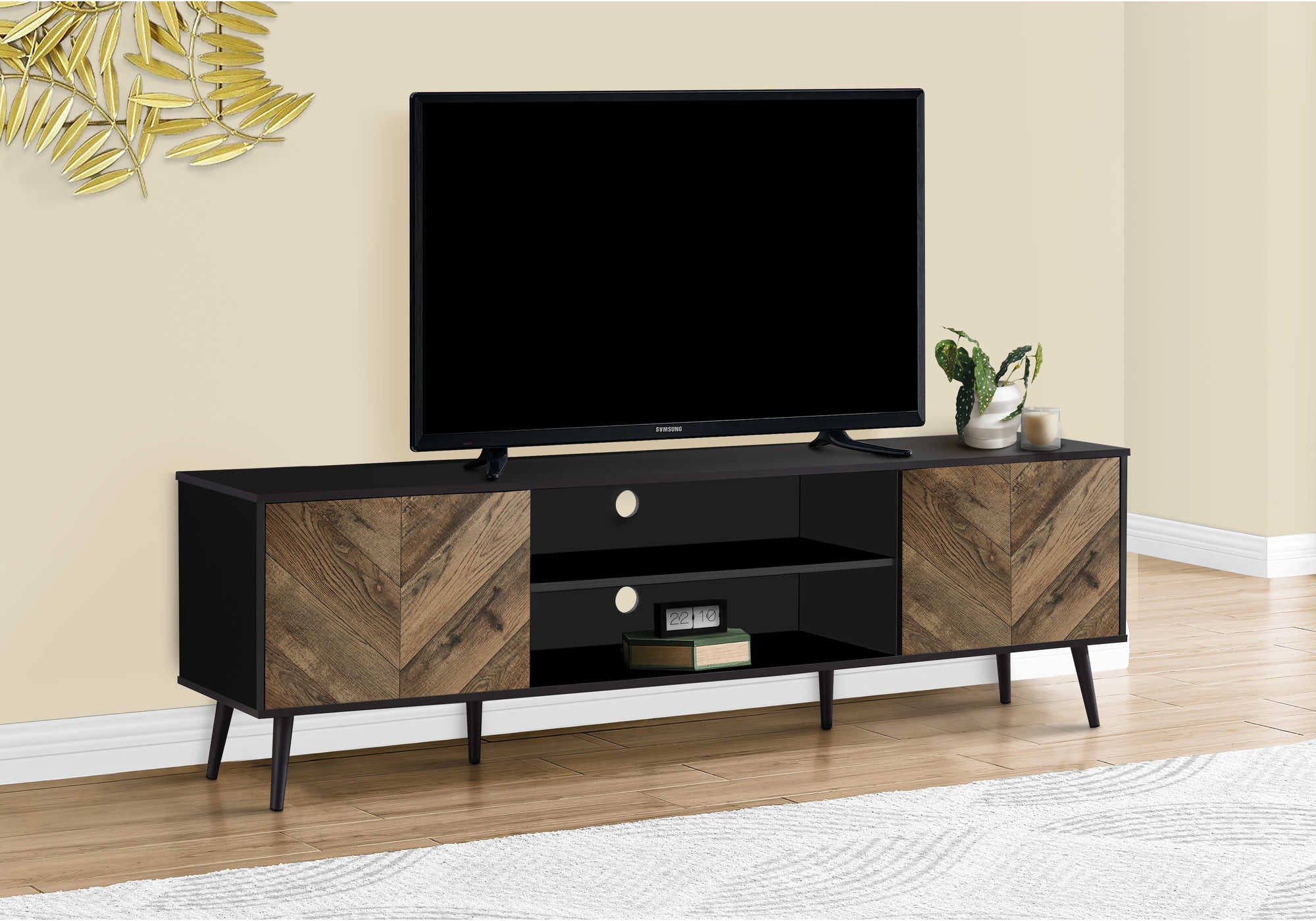 MN-122781    TV STAND - 72"L / BLACK WITH 2 WOOD-LOOK DOORS