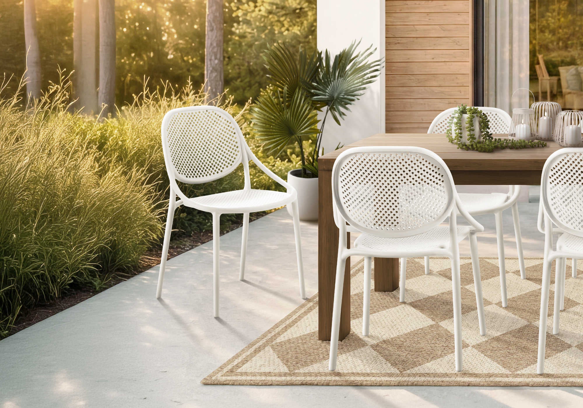 MN-384015    OUTDOOR CHAIR - WHITE STACKING DINING CHAIR / SET OF 4
