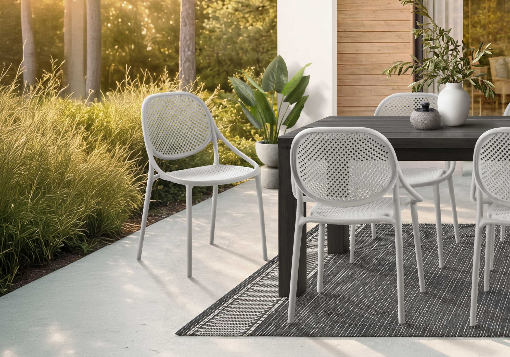 MN-384016    OUTDOOR CHAIR - GREY STACKING DINING CHAIR / SET OF 4