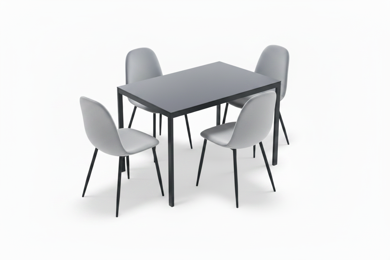 JL 0626BL Dining Set, 5 Pc, 44" x 30" Table, Black Glass Top, Blue, Black or Grey Chairs, Black Metal Frame