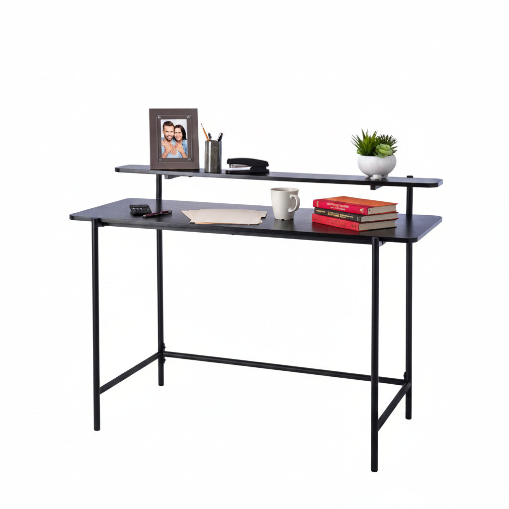 JL-624BD Student Desk, 48" Wide, Black Top, Black Metal Frame, 2 Tier Shelf