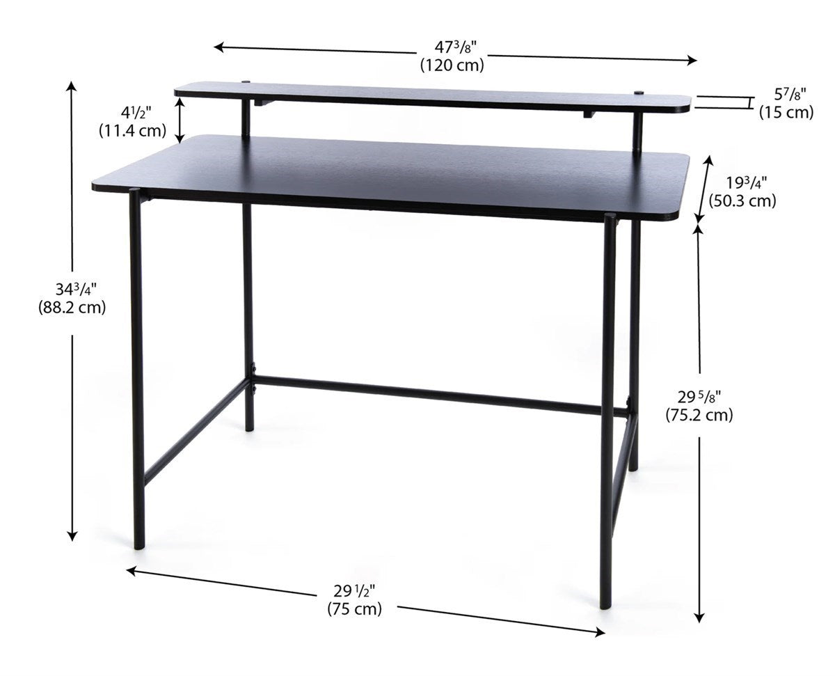 JL-624BD Student Desk, 48" Wide, Black Top, Black Metal Frame, 2 Tier Shelf