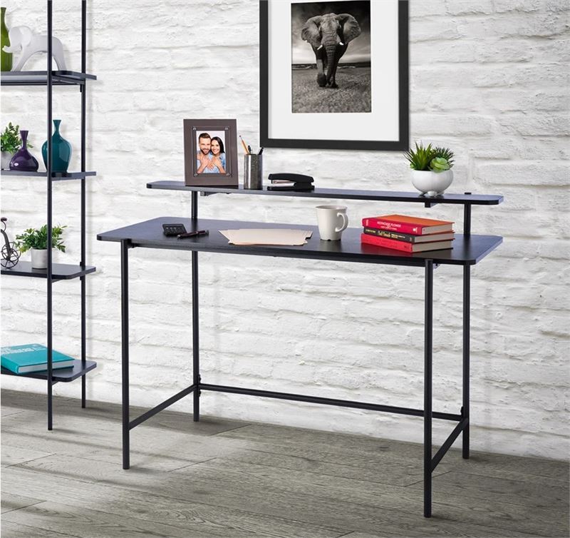 JL-624BD Student Desk, 48" Wide, Black Top, Black Metal Frame, 2 Tier Shelf