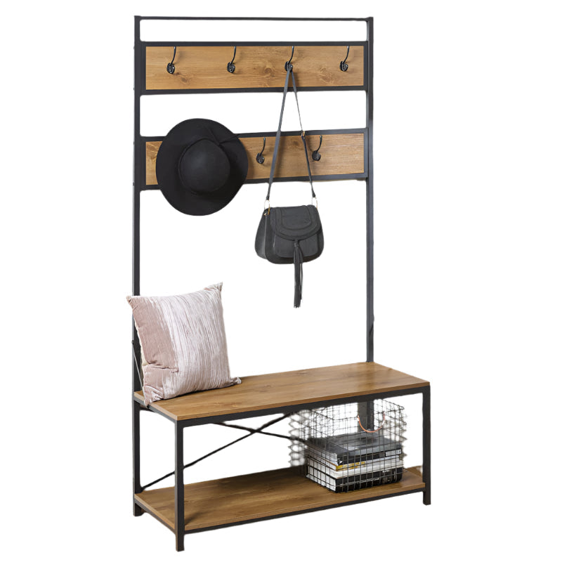 JL-1915 Hall Tree, Brown Wood Panels, Metal Frame, Shoe Storage, Coat Storage