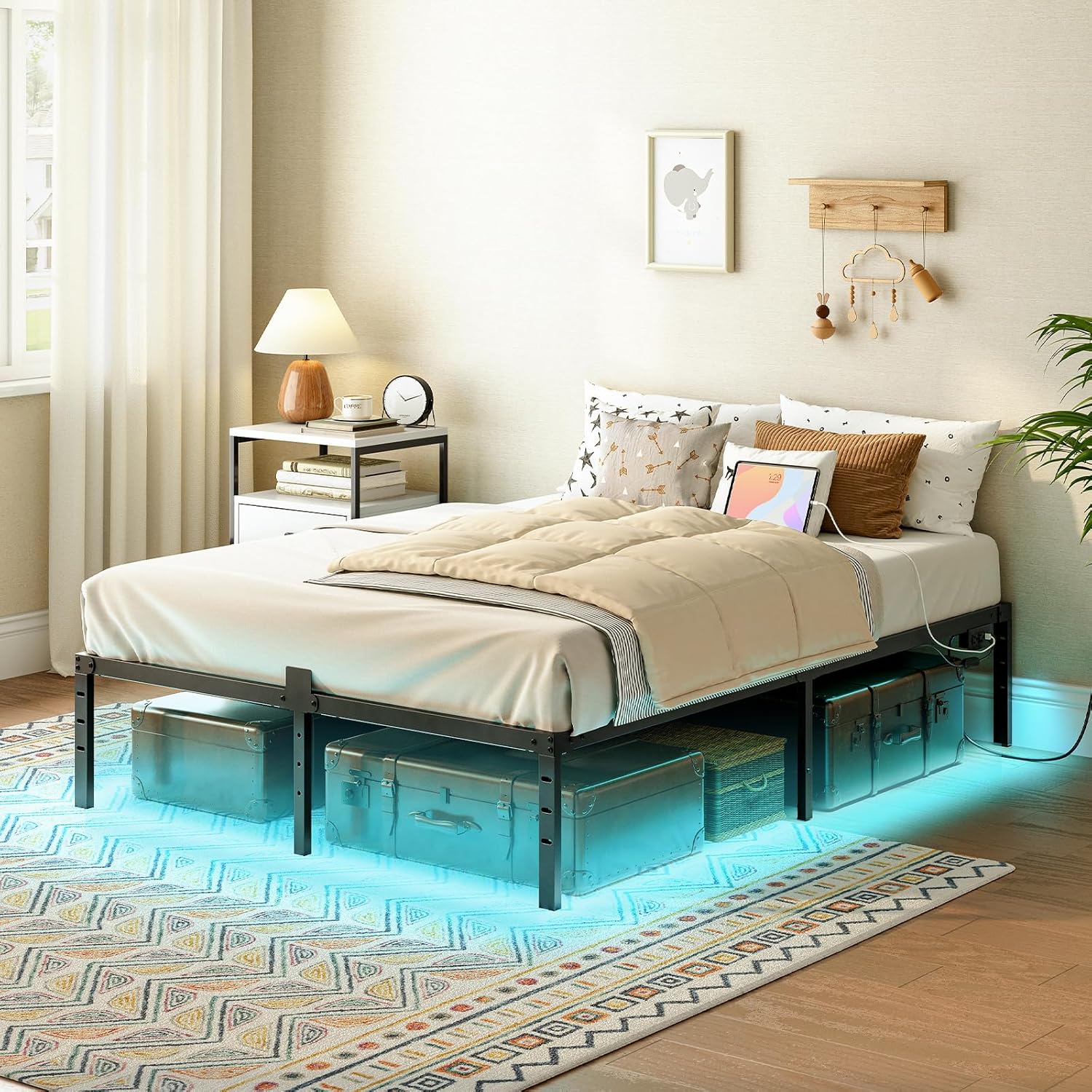 JL-2705 Platform Bed, Double, LED Lighting, Metal, 2 Power Outlets, 2 USB Outlets