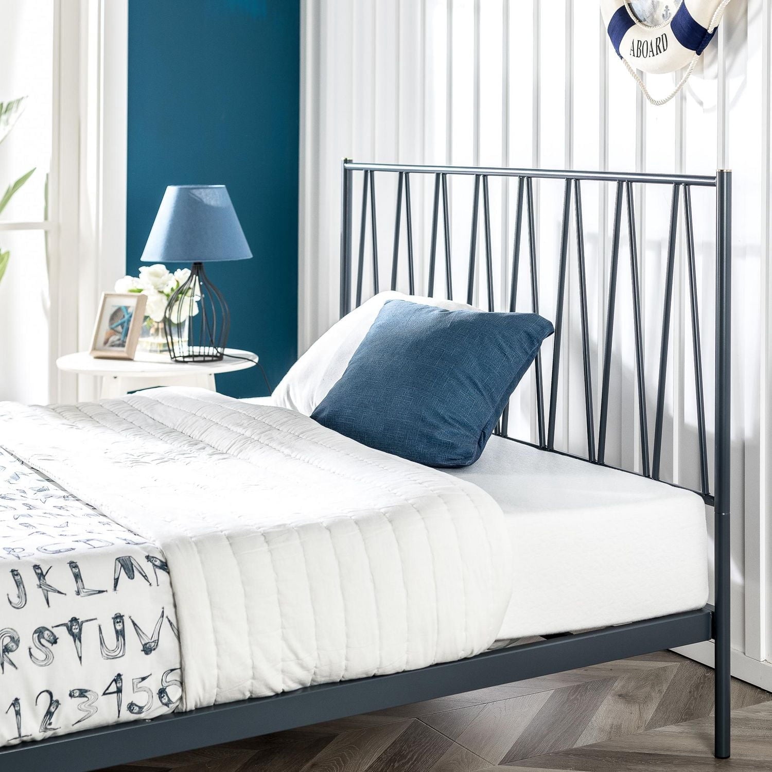 JL 1874Q Queen Bed, Grey Metal Frame, Platform Style, Gold Accents