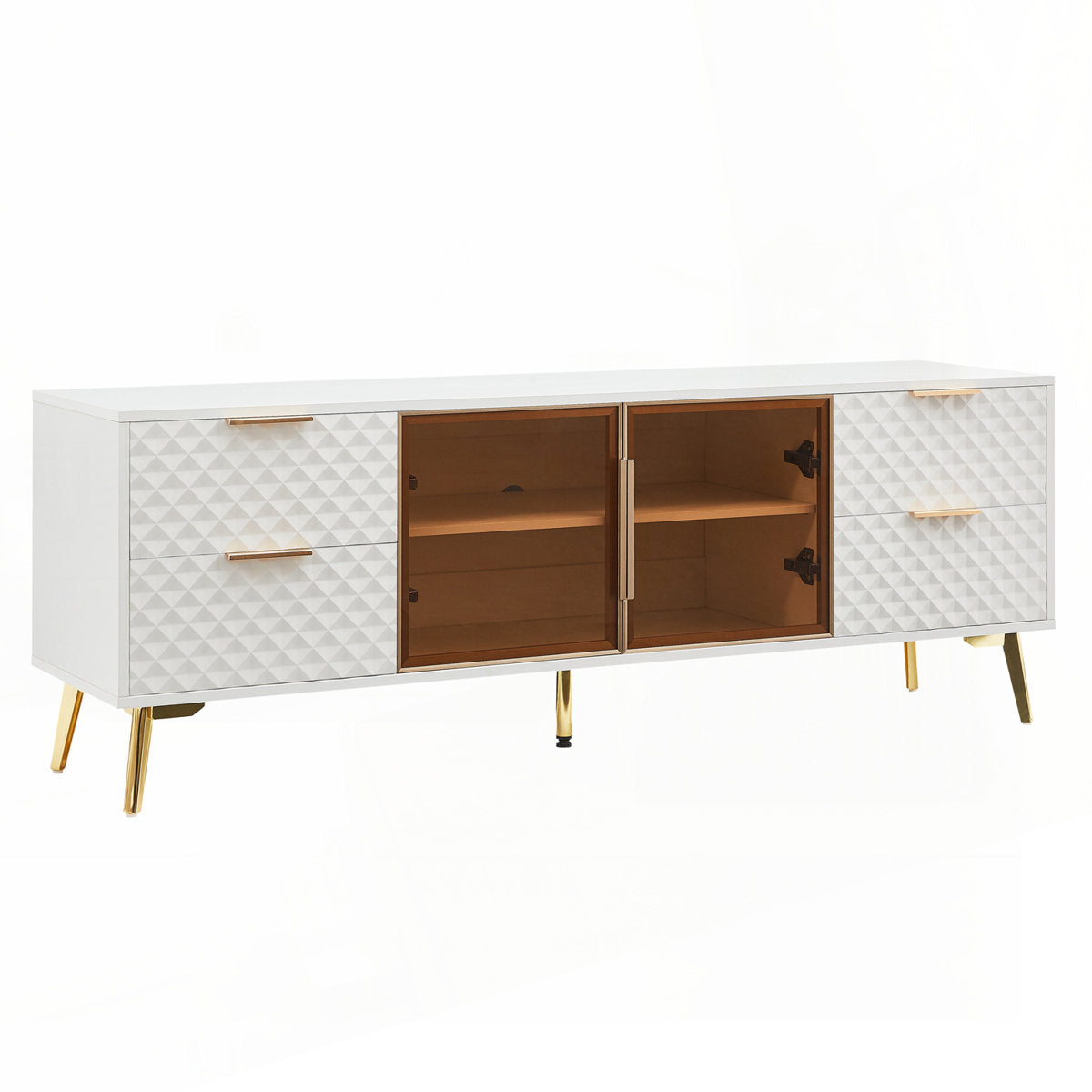 JL-1031 TV Stand, 60" Wide, 4 x White Decorative Slide out Drawers, 2 Glass Doors