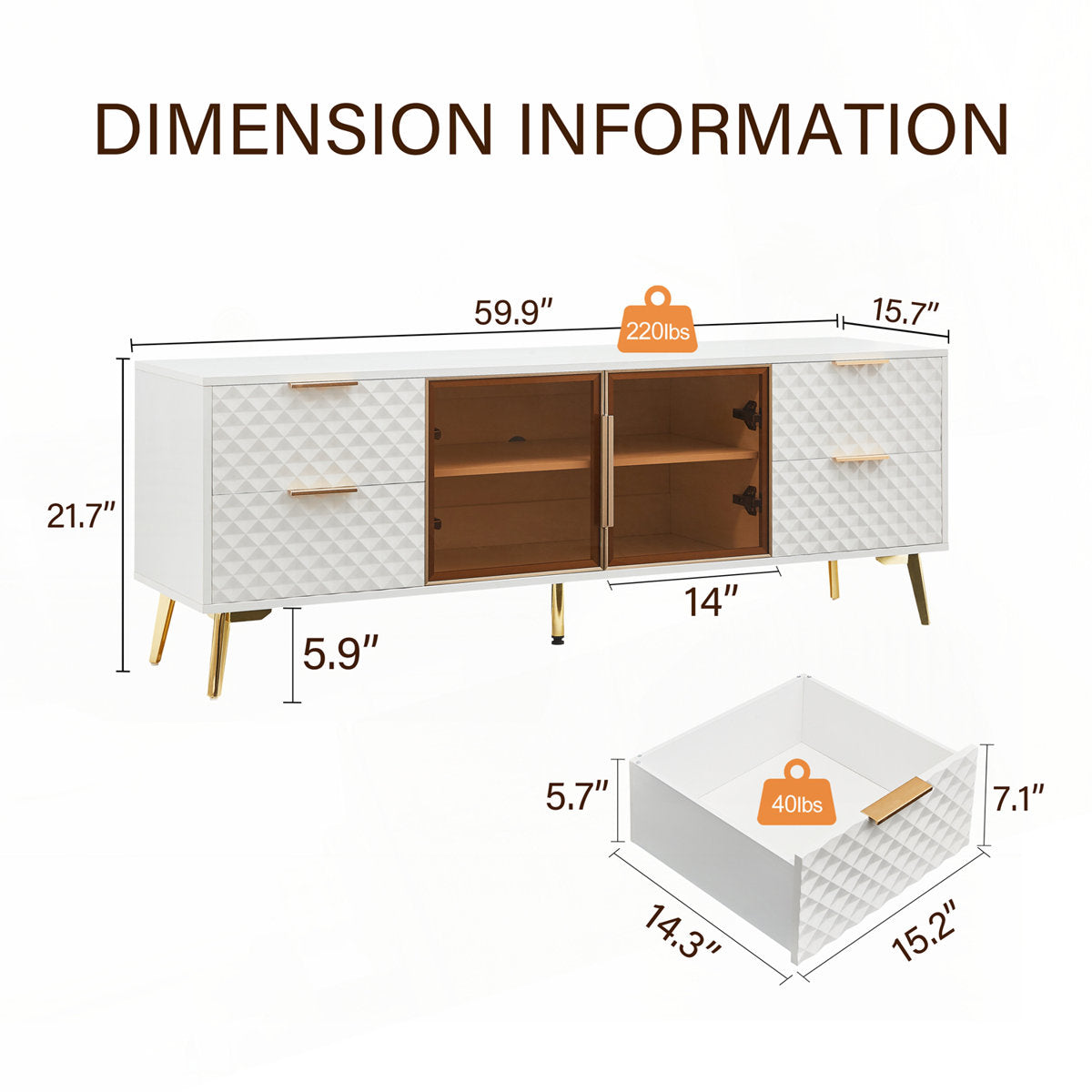 JL-1031 TV Stand, 60" Wide, 4 x White Decorative Slide out Drawers, 2 Glass Doors