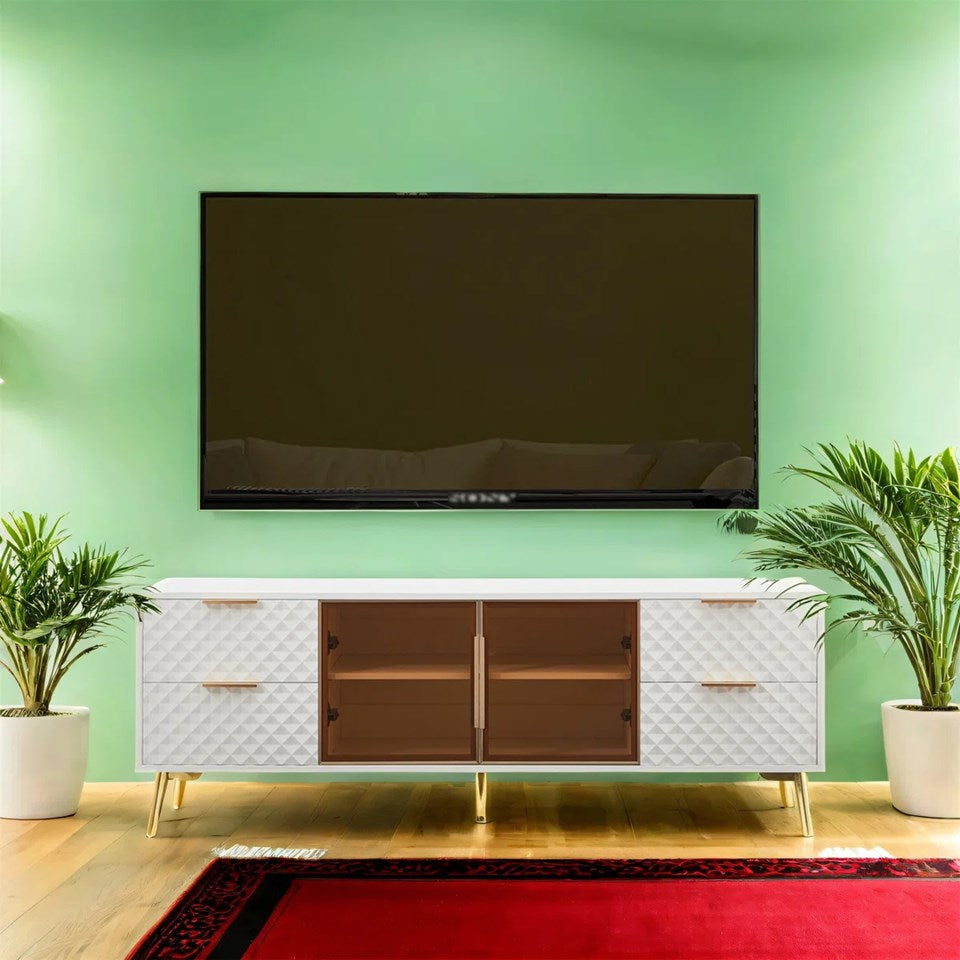 JL-1031 TV Stand, 60" Wide, 4 x White Decorative Slide out Drawers, 2 Glass Doors