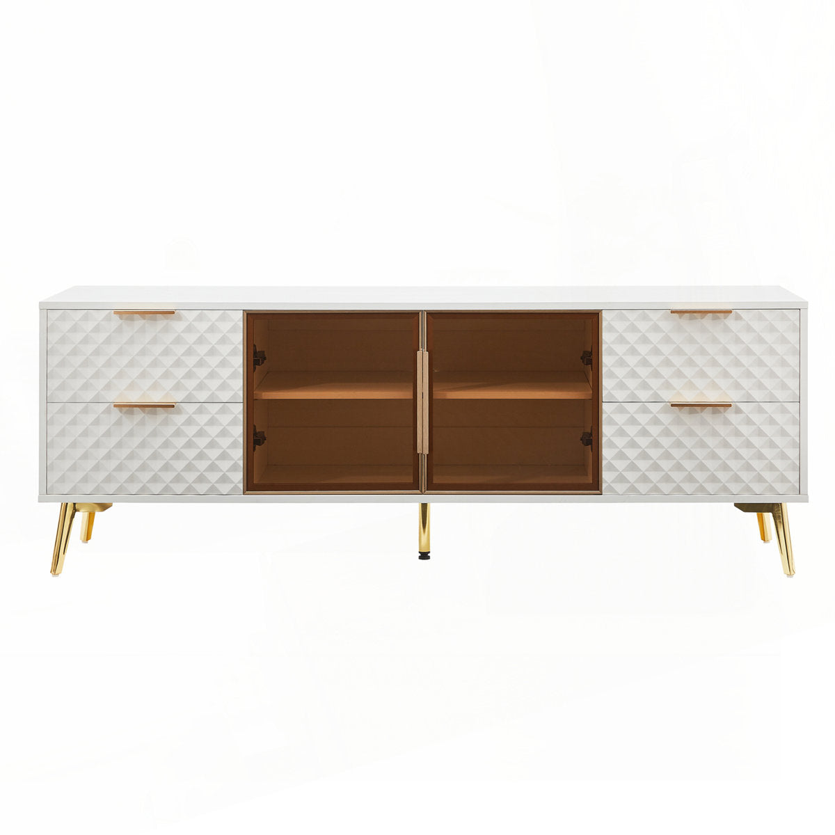 JL-1031 TV Stand, 60" Wide, 4 x White Decorative Slide out Drawers, 2 Glass Doors