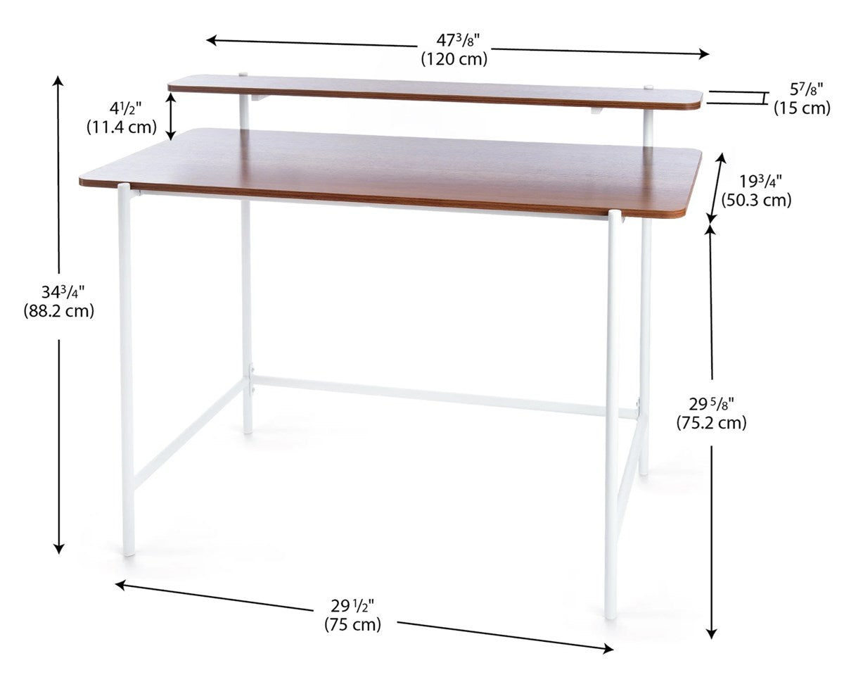 JL-624WD Student Desk, 48" Wide, Brown Top, White Metal Frame, 2 Tier Shelf