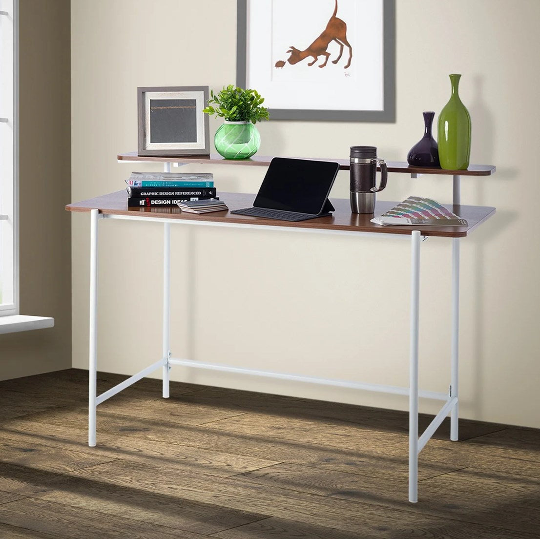 JL-624WD Student Desk, 48" Wide, Brown Top, White Metal Frame, 2 Tier Shelf