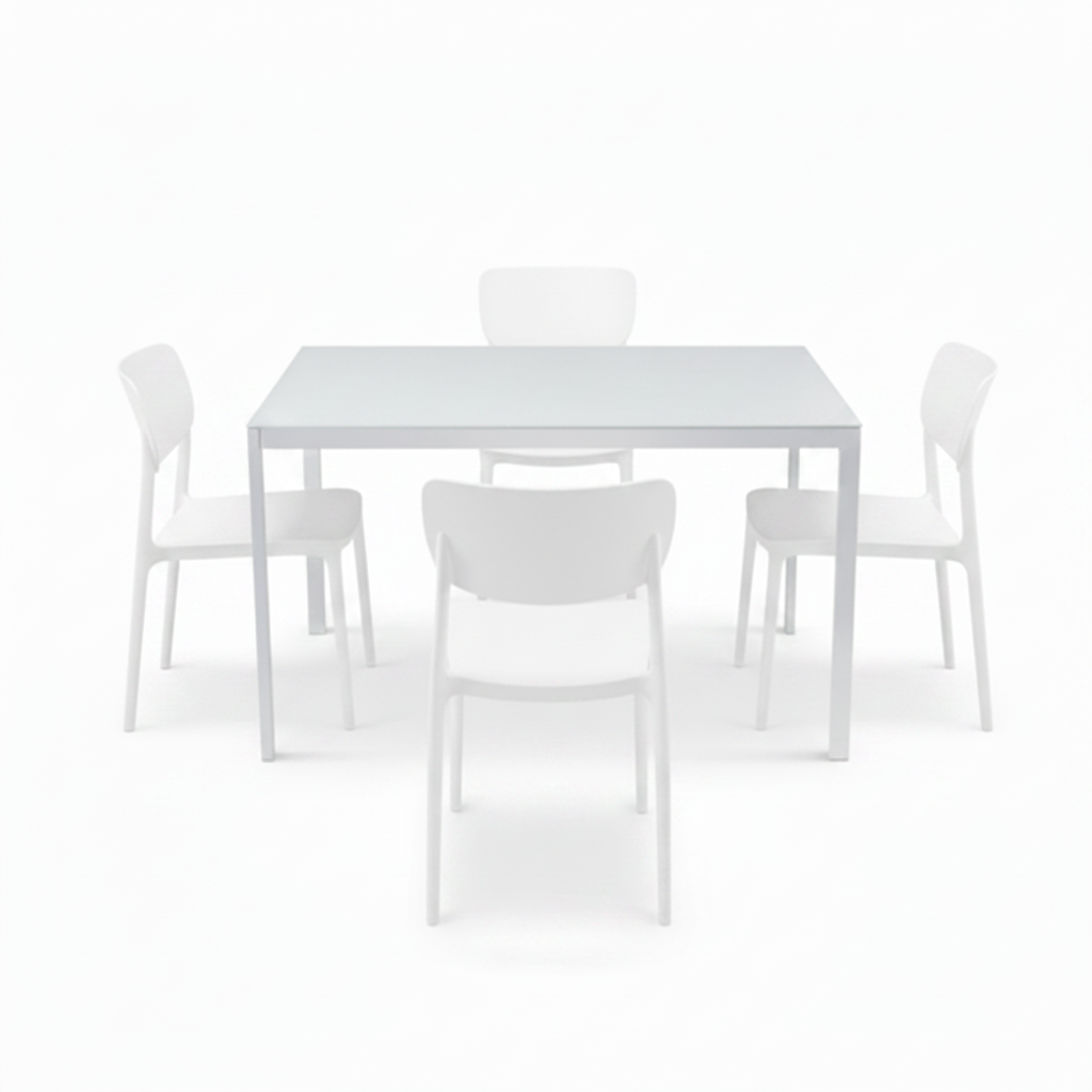 JL 0626WL Dining Set, 5 Pc, 44" x 30" Table, White Glass Top, White Acrilic Chairs, White Metal Frame